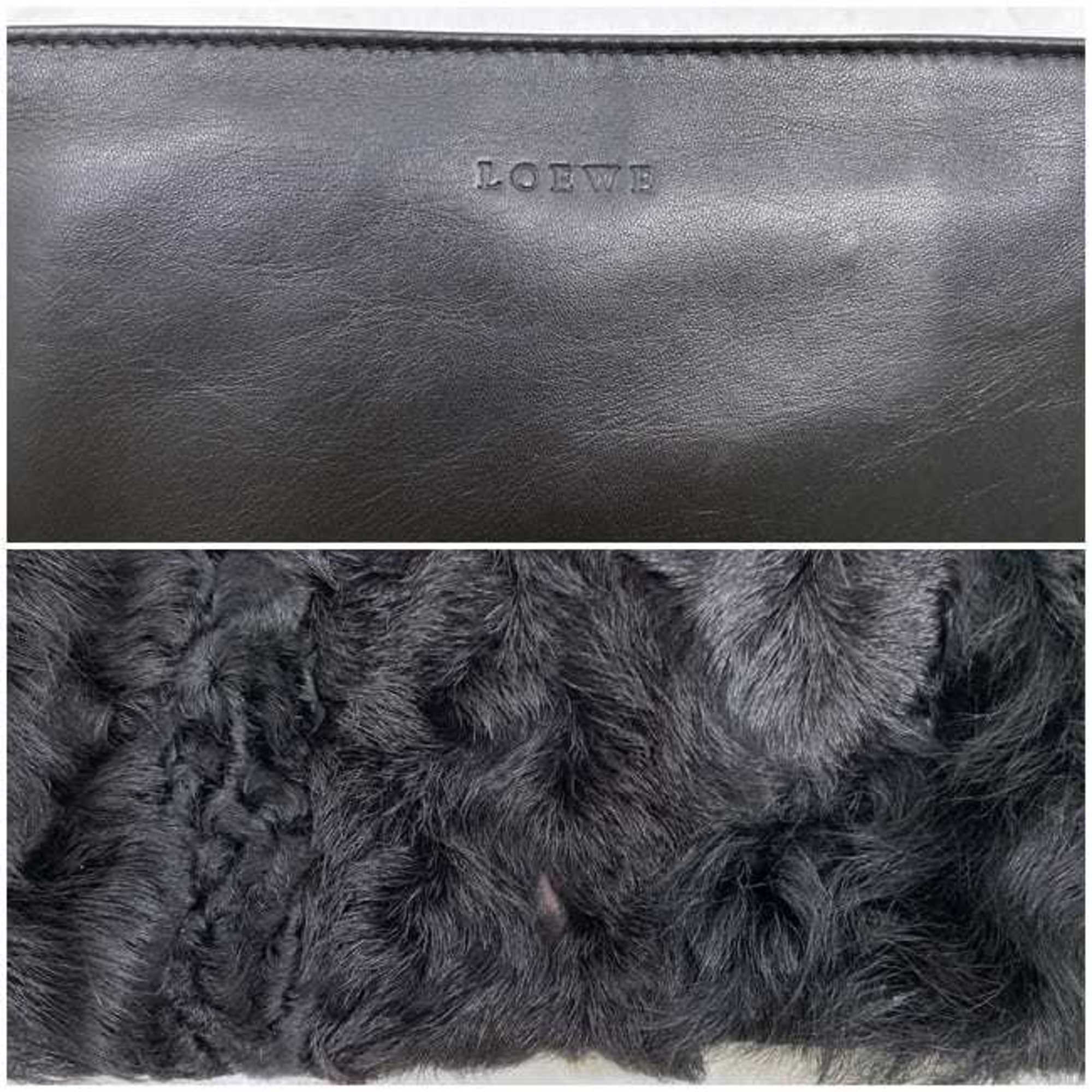 LOEWE Pouch ec-21254 Black Leather Fur Clutch Women's Fluffy Compact