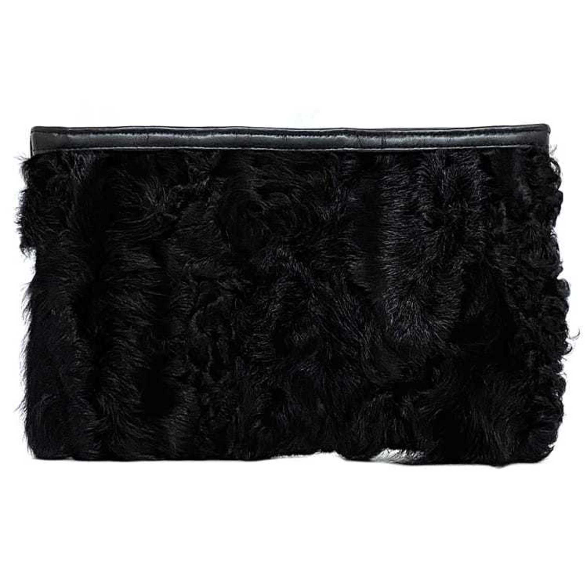 LOEWE Pouch ec-21254 Black Leather Fur Clutch Women's Fluffy Compact