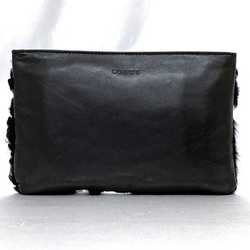 LOEWE Pouch ec-21254 Black Leather Fur Clutch Women's Fluffy Compact