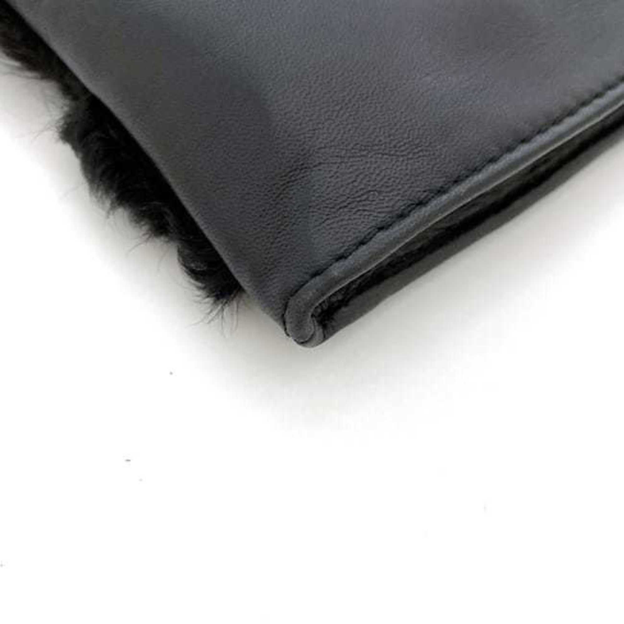 LOEWE Pouch ec-21254 Black Leather Fur Clutch Women's Fluffy Compact