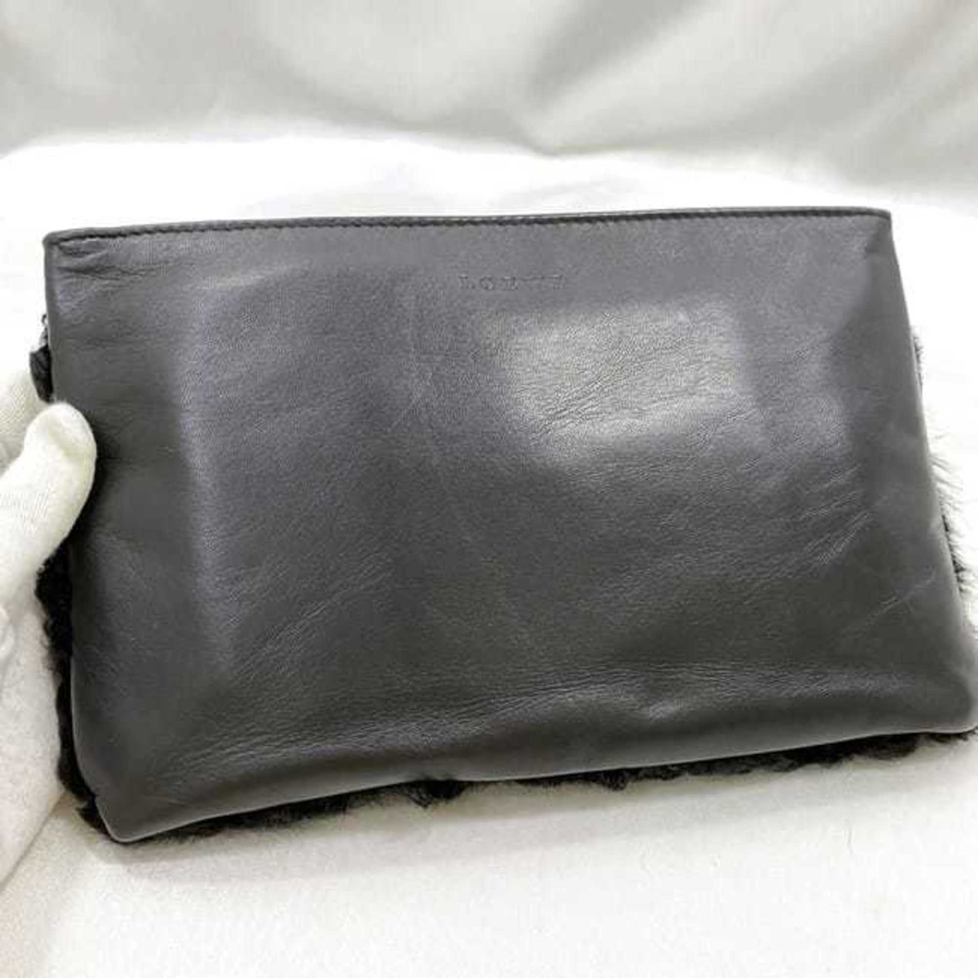 LOEWE Pouch ec-21254 Black Leather Fur Clutch Women's Fluffy Compact