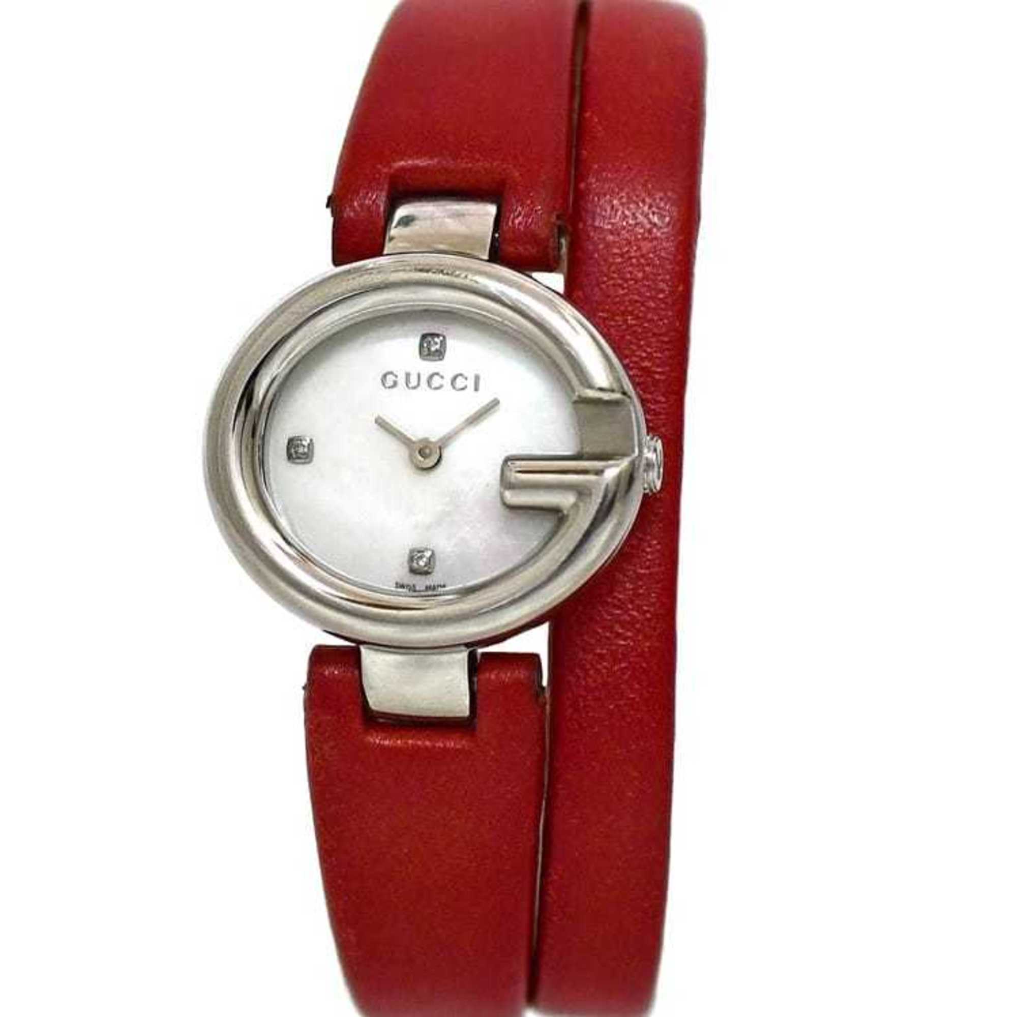 Gucci Watch f-21226 Shell Silver Red G Balloon 134.5 Double SS Leather Quartz 1432**** GUCCI 3P Stone Battery Women's Vivid