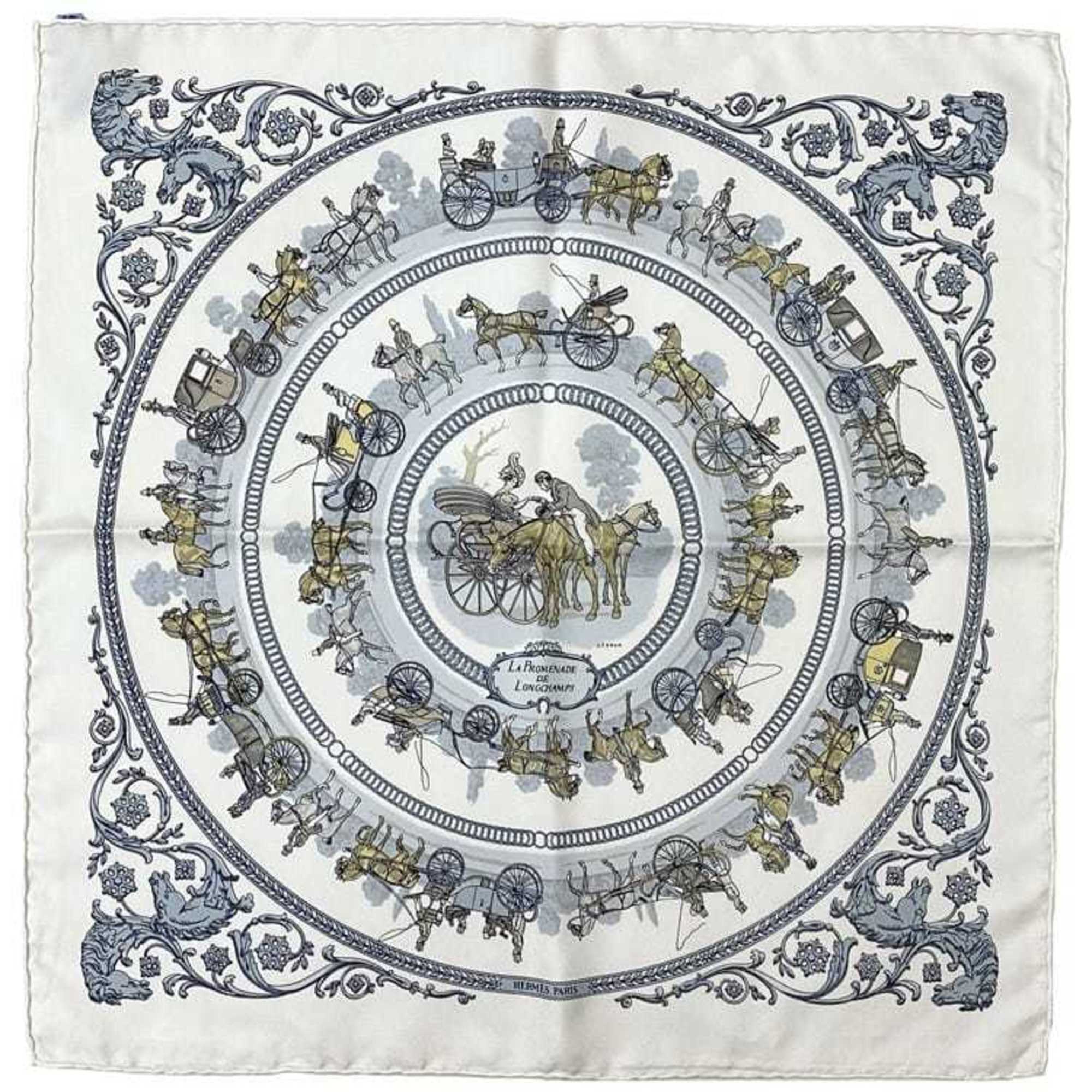 Hermes Scarf Muffler Petit Carre ec-21139 White Silk 100% HERMES Walk to Longchamp Horse Carriage Women's Pattern