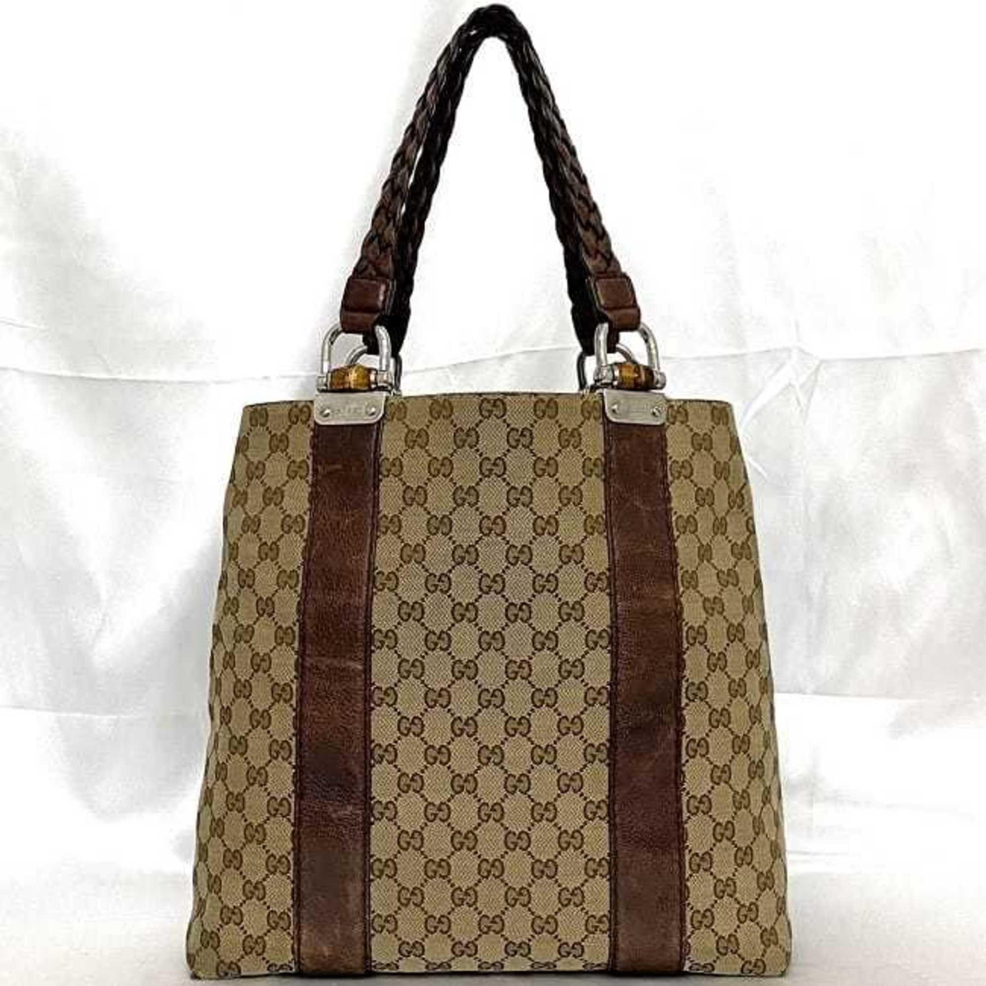 Gucci Tote Bag ec-21295 Beige Brown Bamboo 232946 Canvas Leather GUCCI GG Women's