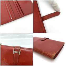 Hermes Bi-fold Long Wallet Bearn ec-21287 Red Leather Box Calf □H Stamp HERMES Women's