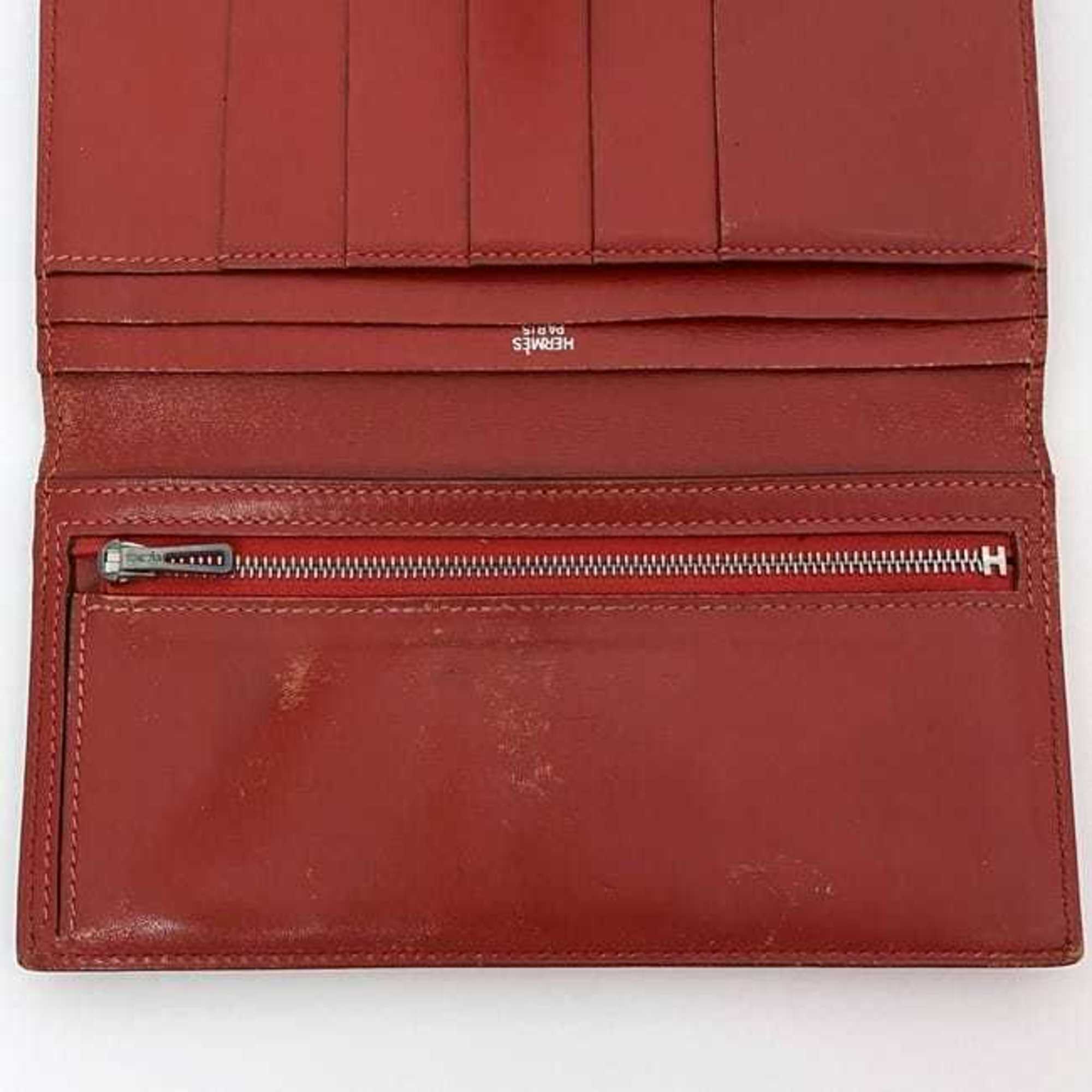 Hermes Bi-fold Long Wallet Bearn ec-21287 Red Leather Box Calf □H Stamp HERMES Women's