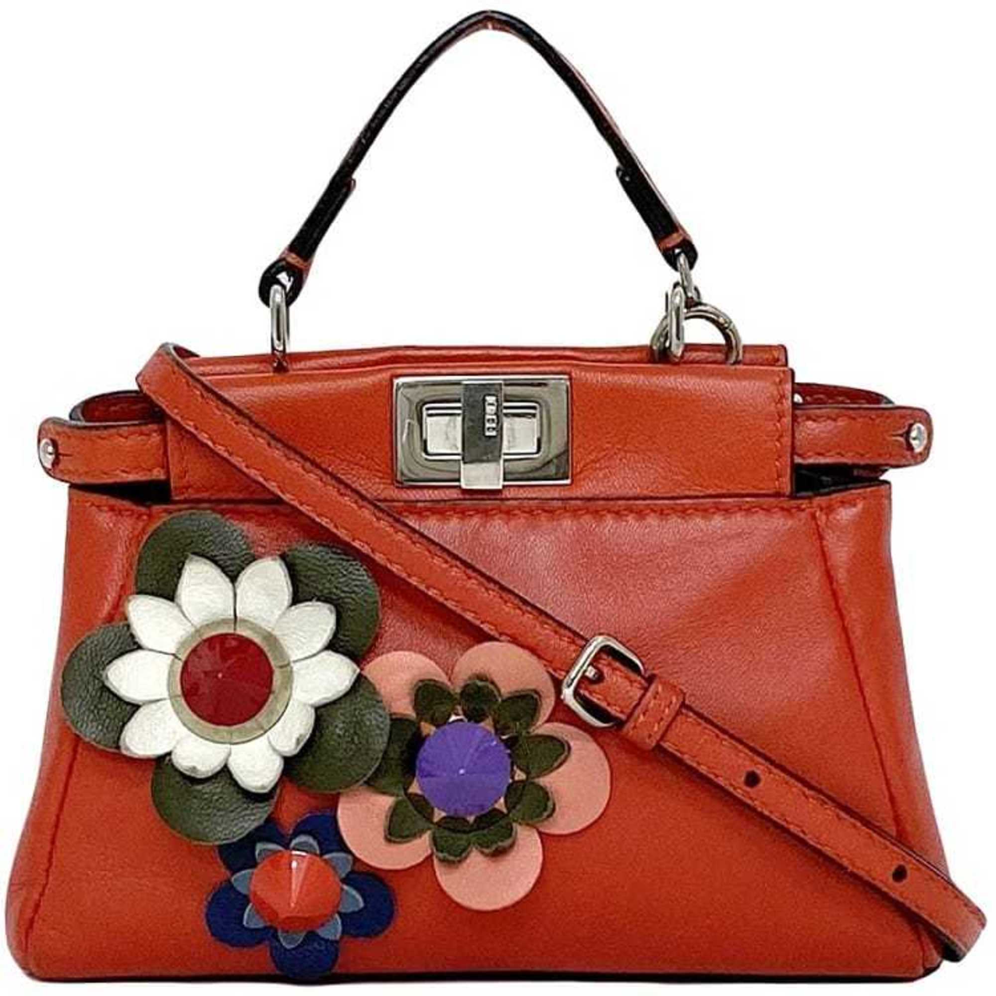 Fendi 2-way bag Micro Peekaboo f-21342 Red 8M0355 Bag Leather FENDI Flower Shoulder Women's Compact