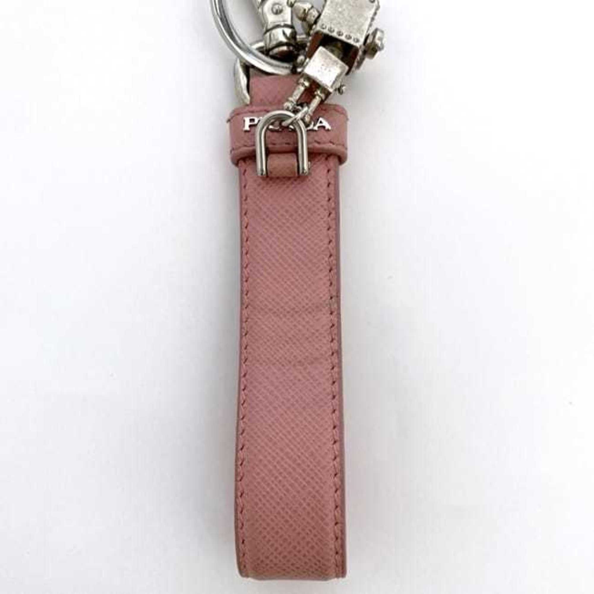 Prada Keychain ec-21283 Silver Pink Keyring Saffiano Leather Metal PRADA Robot Charm Strap Bag Women's