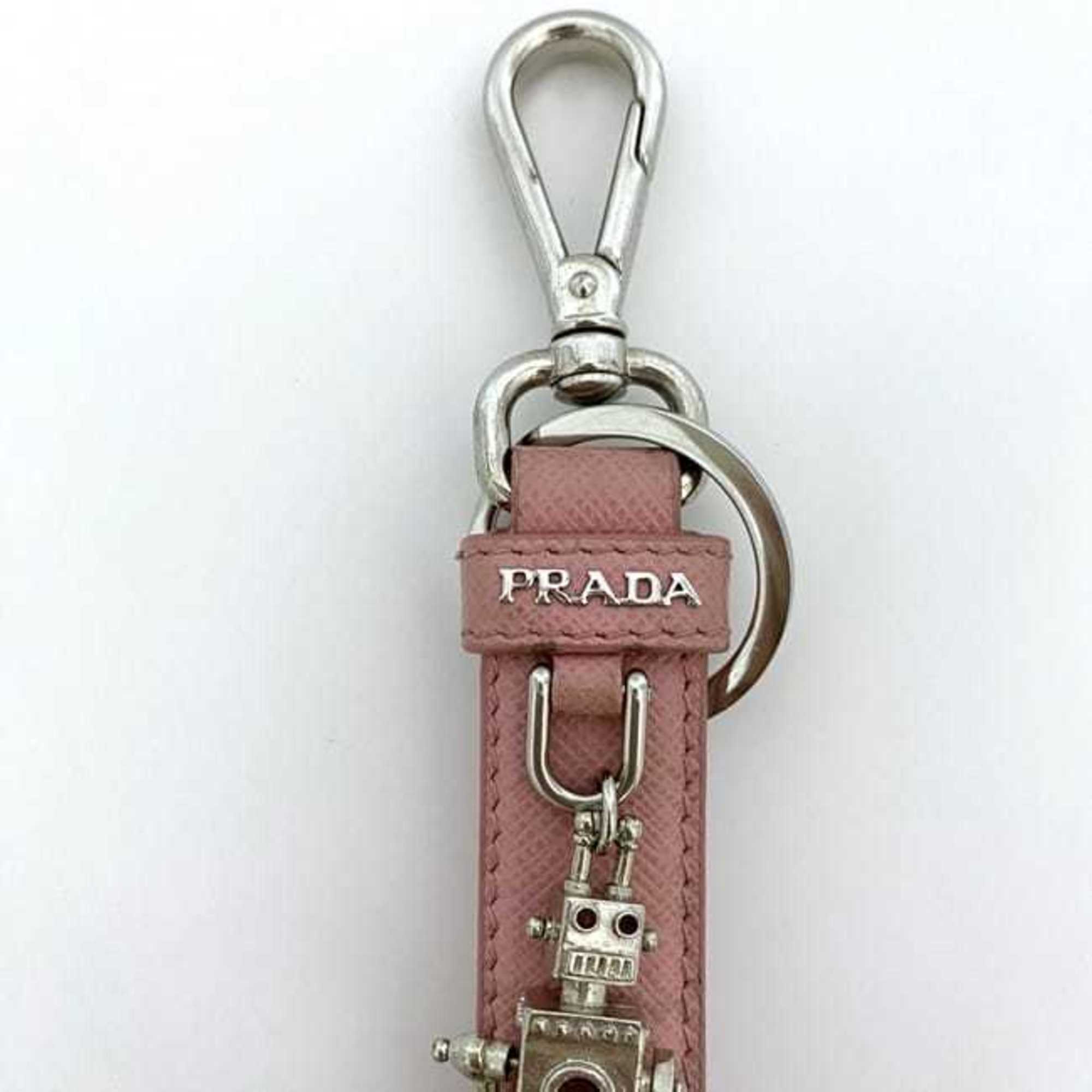 Prada Keychain ec-21283 Silver Pink Keyring Saffiano Leather Metal PRADA Robot Charm Strap Bag Women's