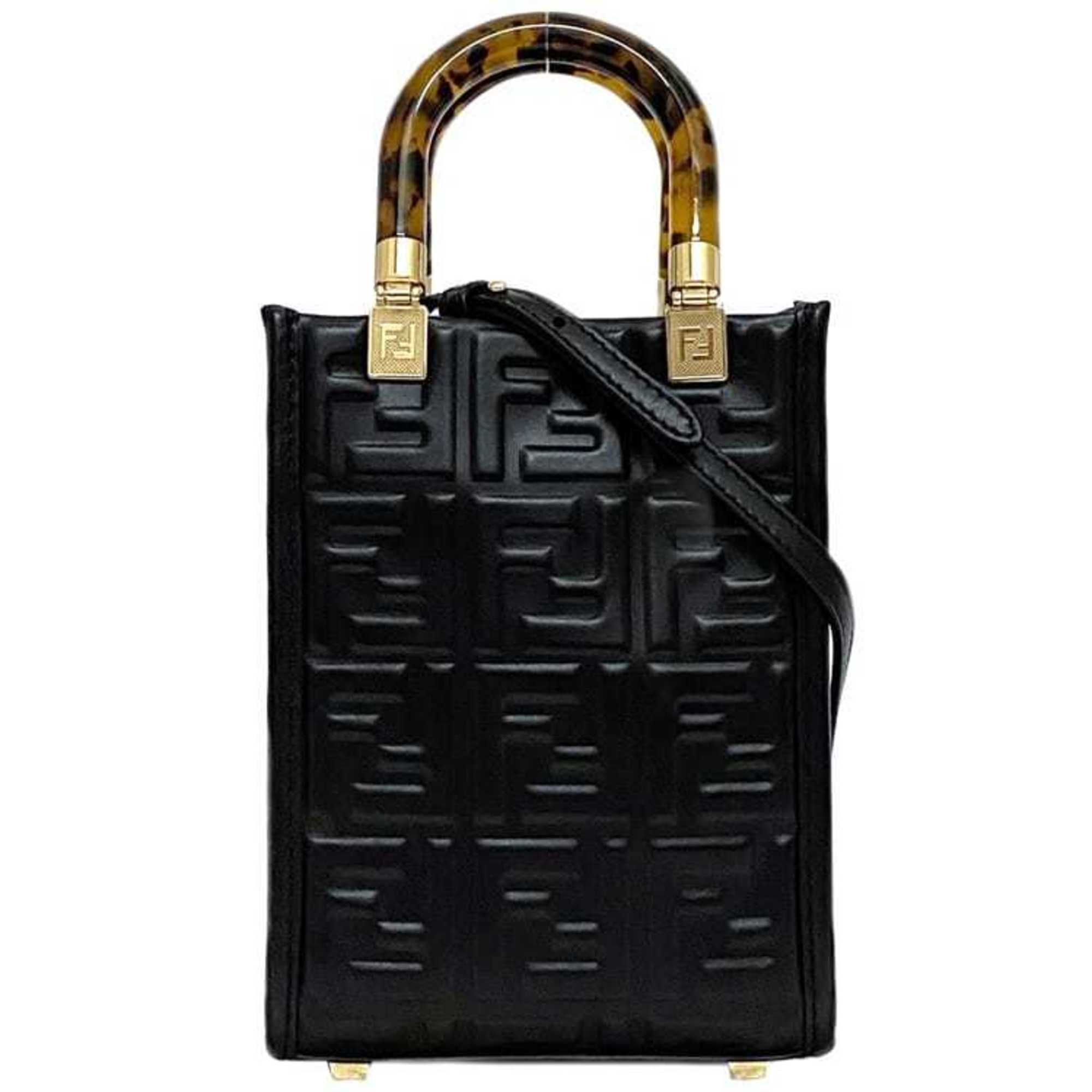 Fendi 2-way bag Sunshine f-21250 Black Tortoiseshell 8BS051 Leather FENDI FF Embossed Women's Compact