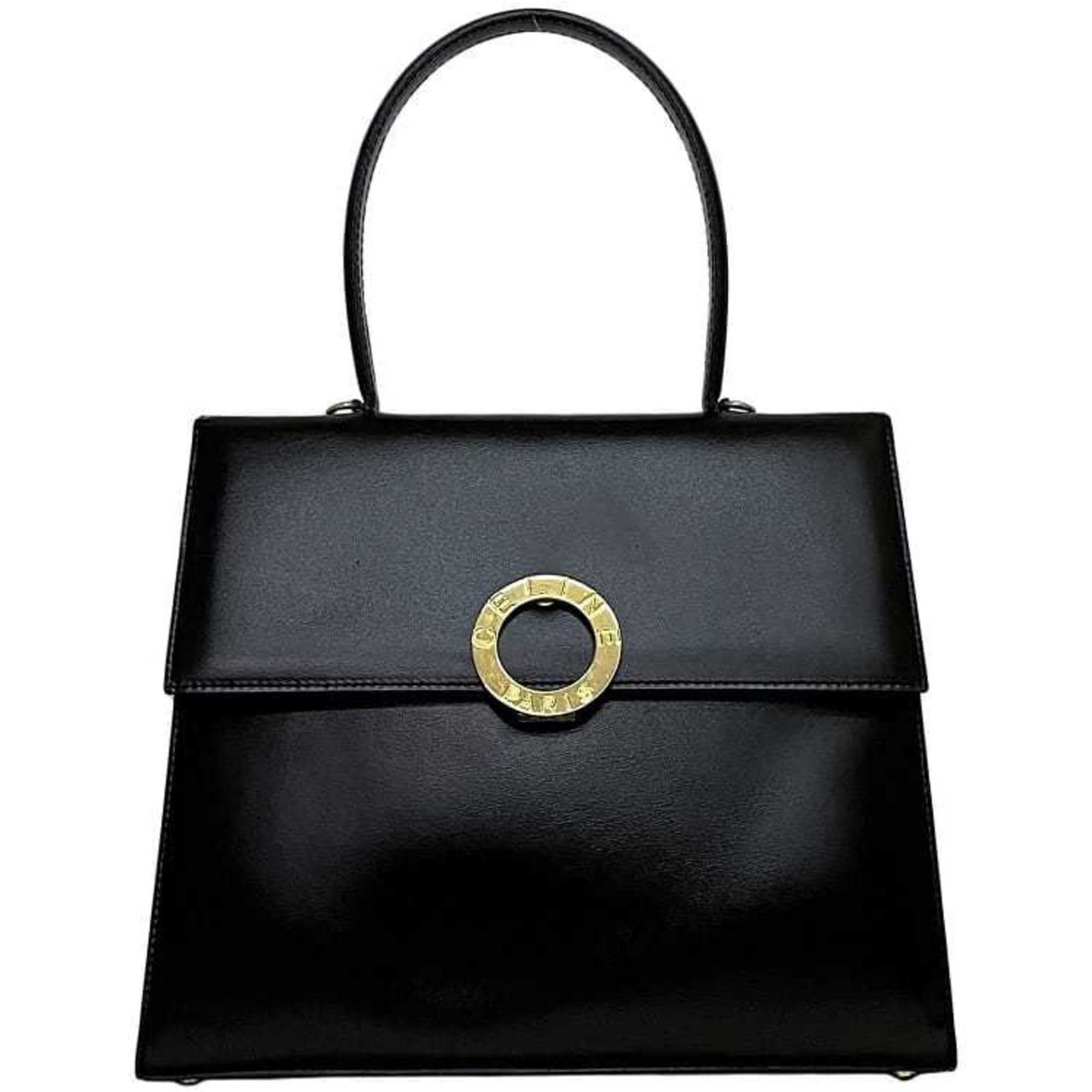 Celine bag f-21305 black circle handbag leather CELINE calf self-standing flap women's men's cowhide