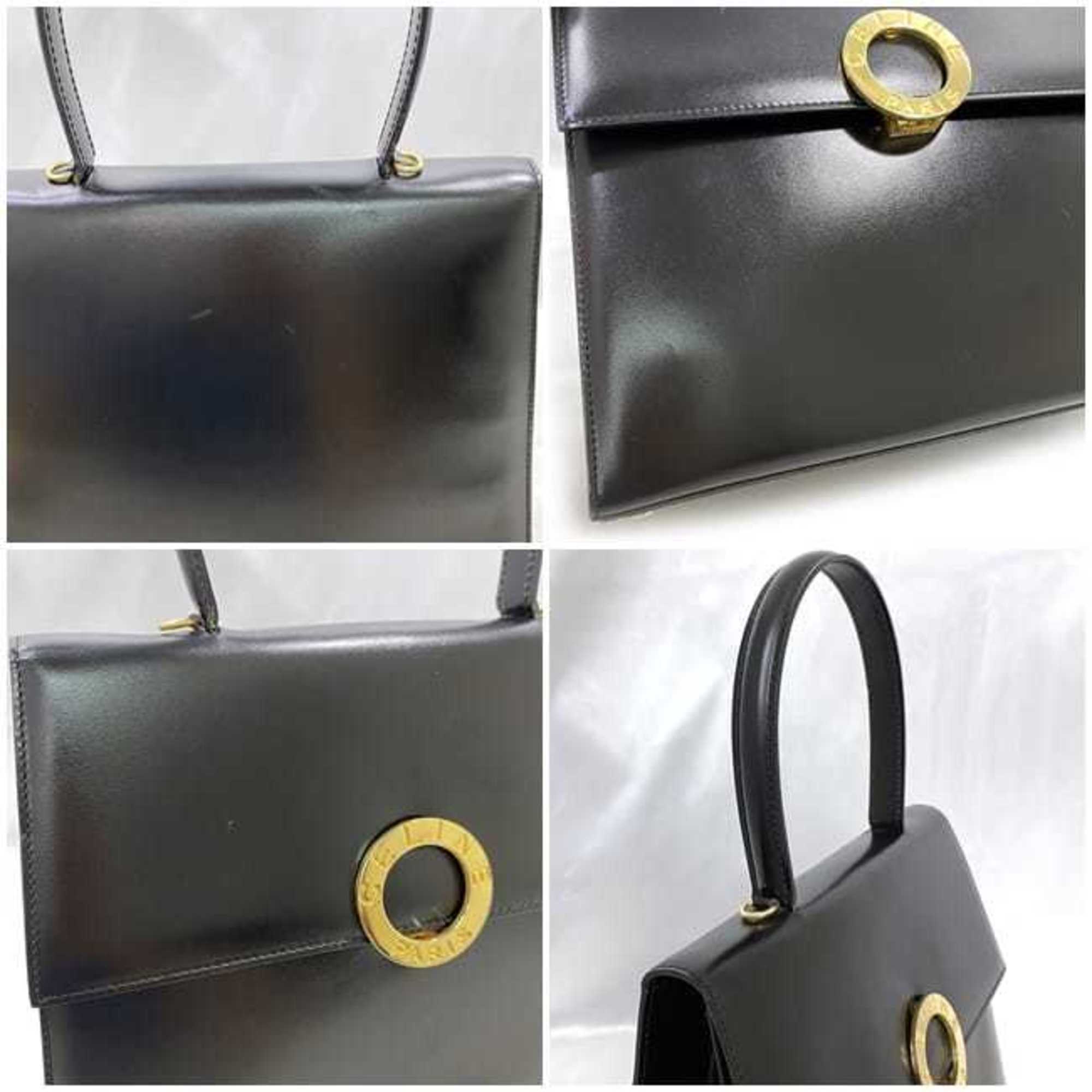 Celine bag f-21305 black circle handbag leather CELINE calf self-standing flap women's men's cowhide