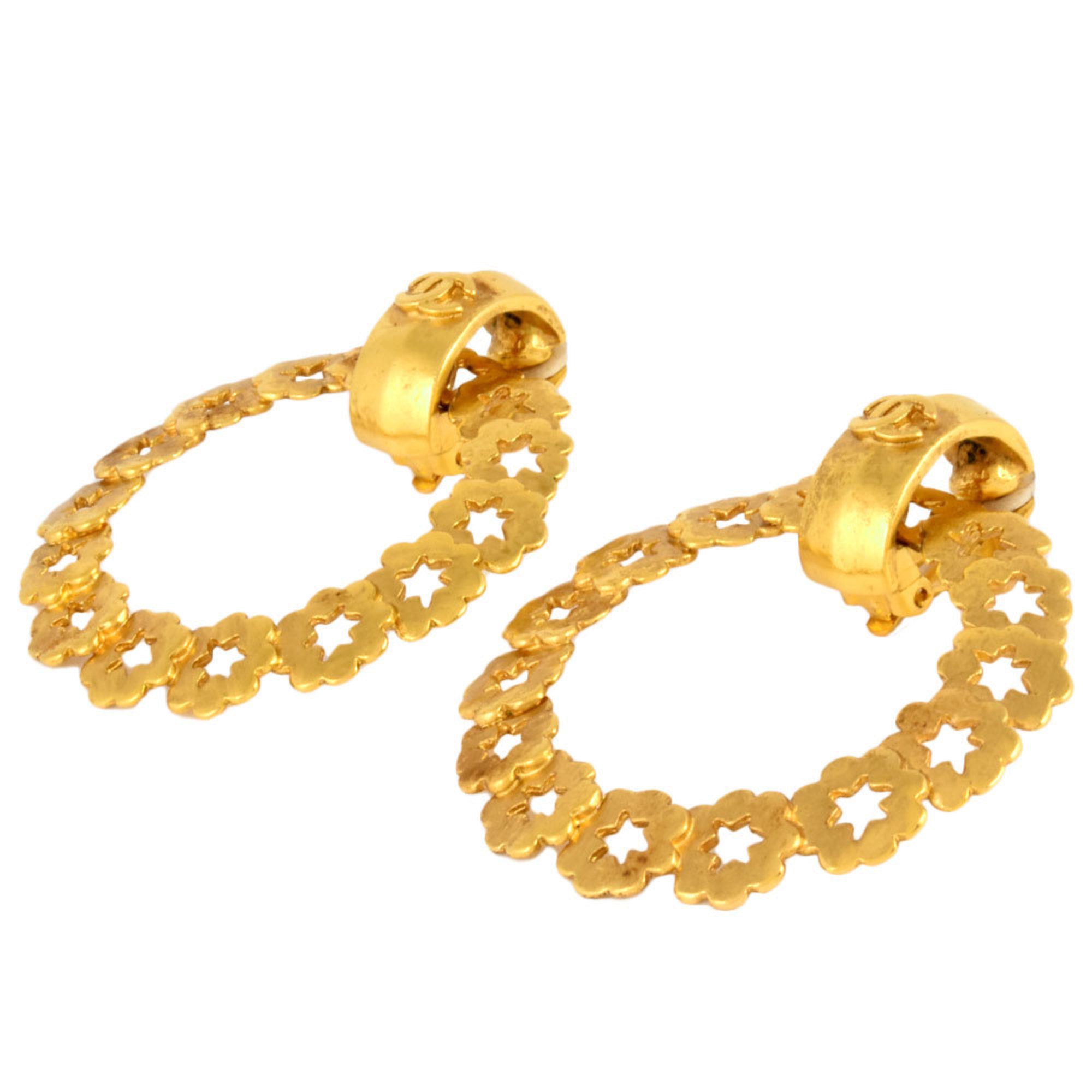 CHANEL Coco Mark Star Hoop Earrings 96P GP Gold Ladies