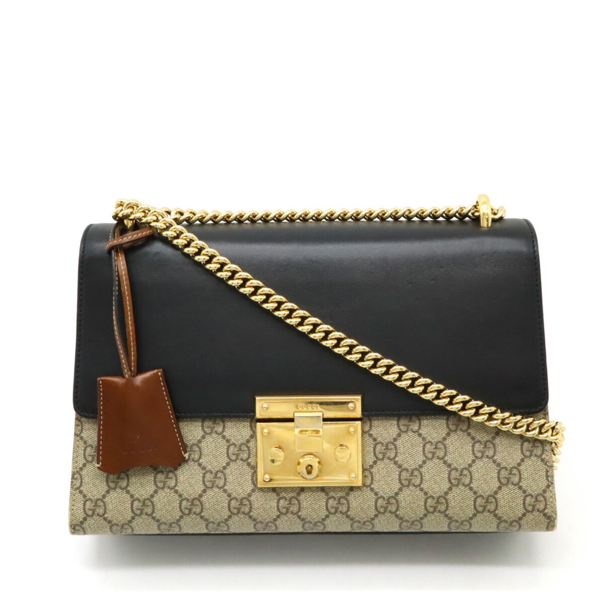 GUCCI GG Supreme Padlock Shoulder Bag Chain PVC Leather Beige Black Brown 409486