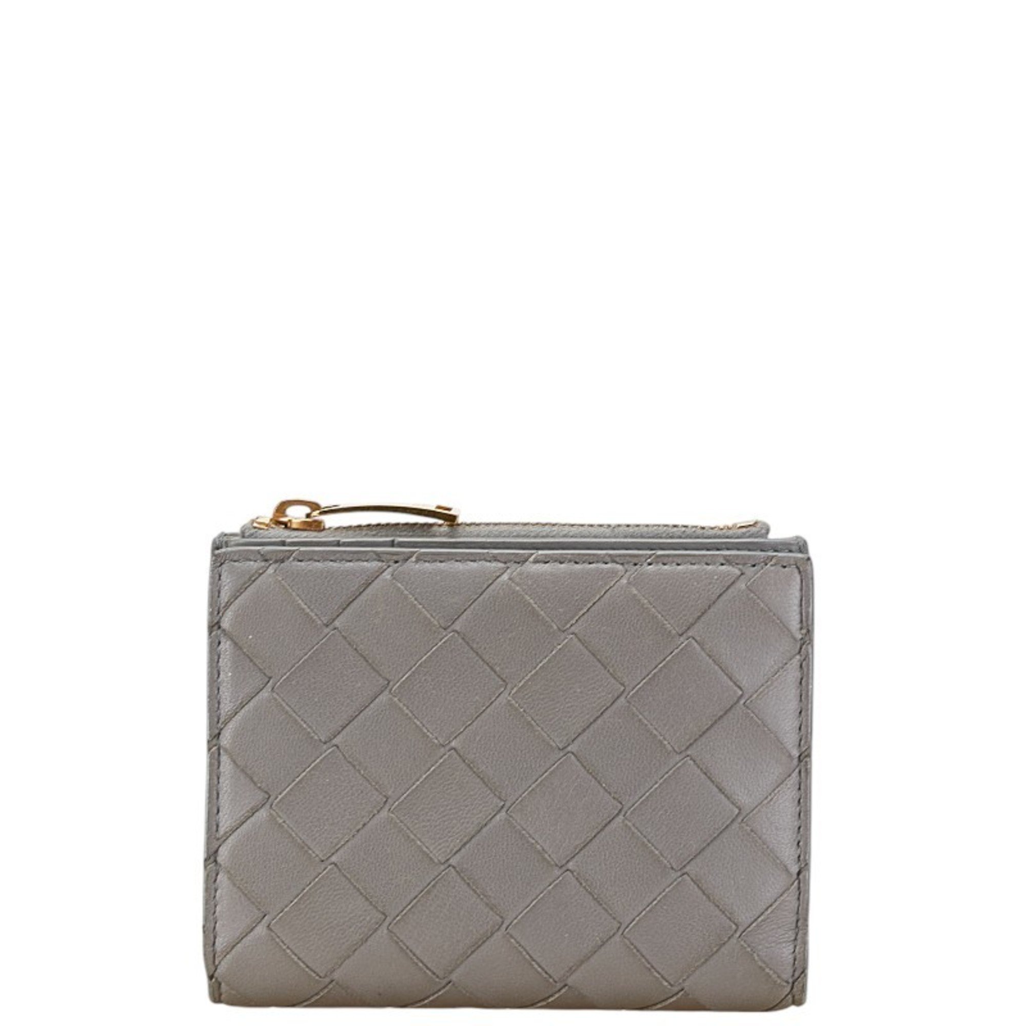 Bottega Veneta Maxi Intrecciato Bi-fold Wallet Grey Leather Women's BOTTEGAVENETA