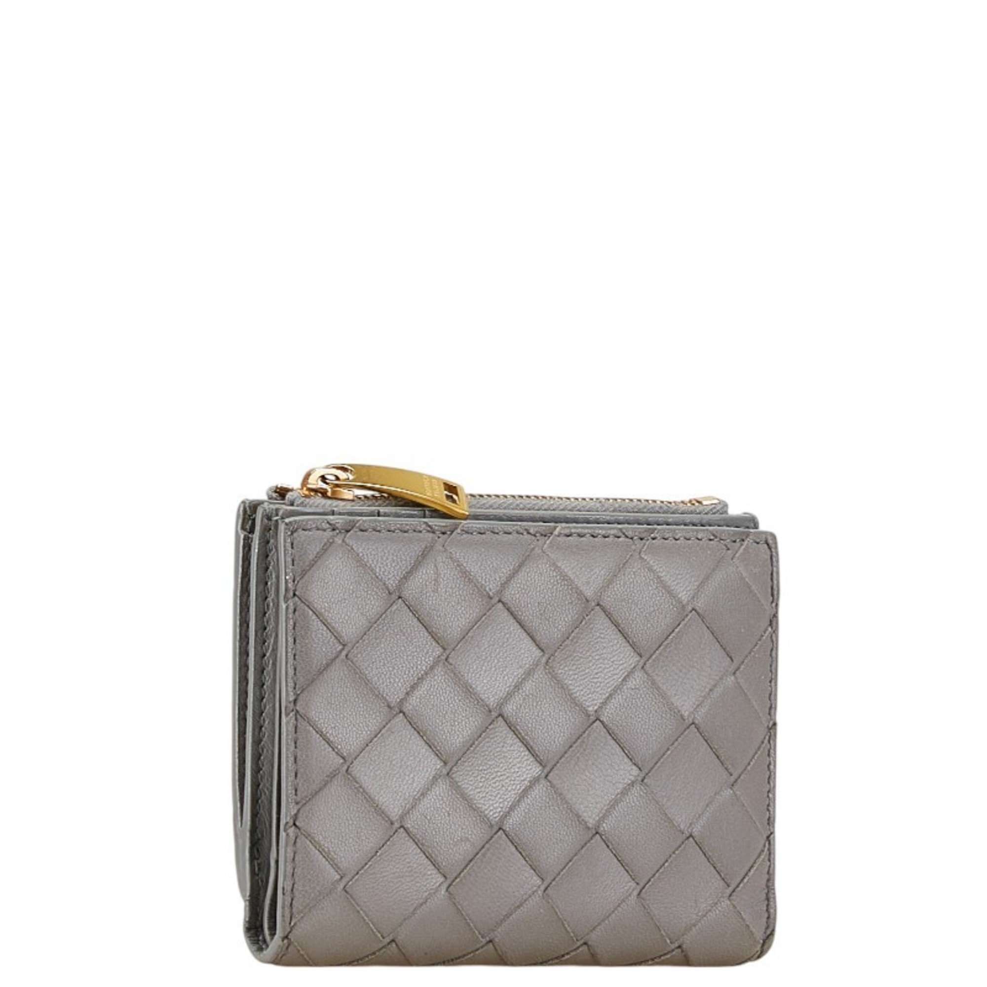 Bottega Veneta Maxi Intrecciato Bi-fold Wallet Grey Leather Women's BOTTEGAVENETA