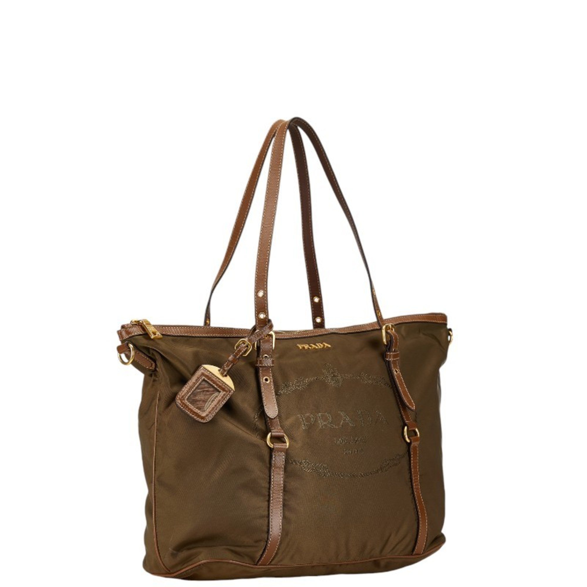 Prada Canapa handbag, tote bag, shoulder khaki green, brown, nylon, leather, women's PRADA