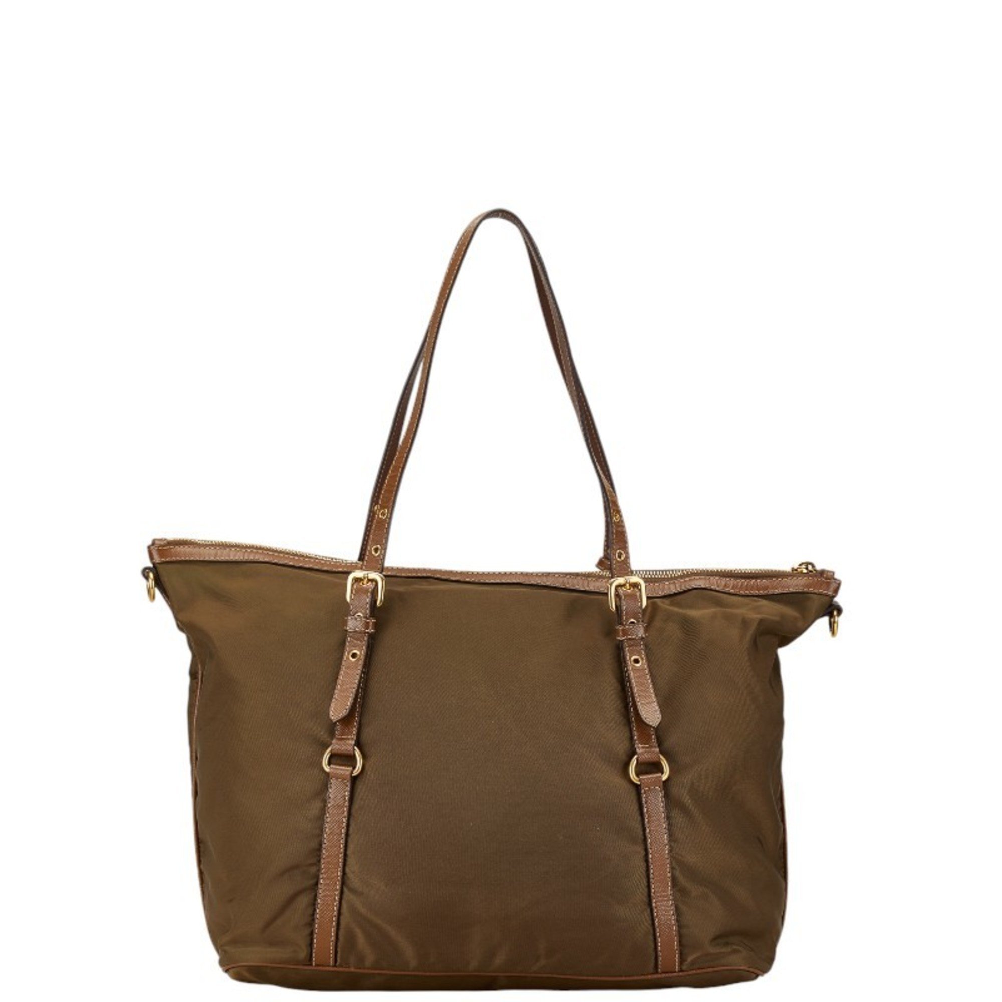 Prada Canapa handbag, tote bag, shoulder khaki green, brown, nylon, leather, women's PRADA