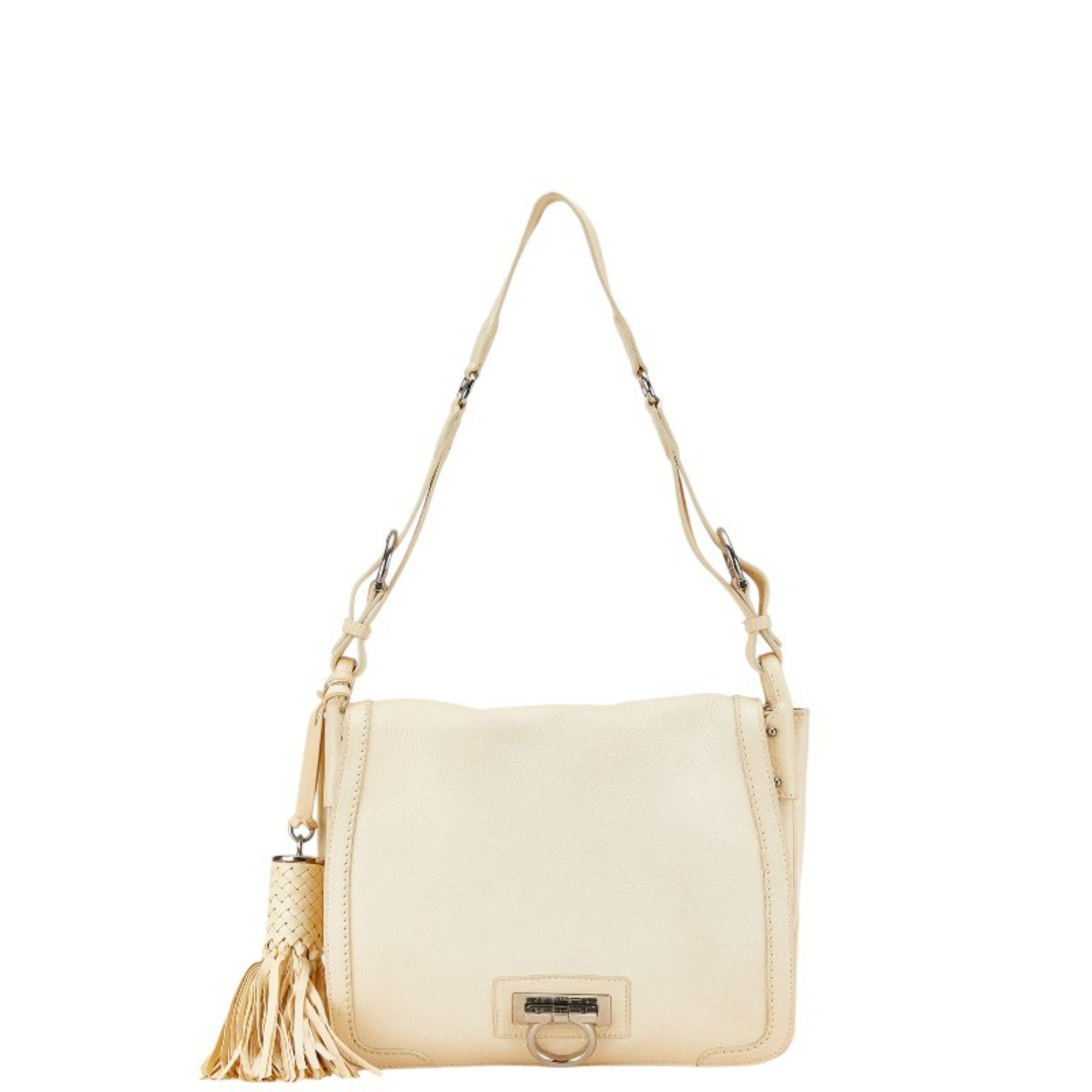 Salvatore Ferragamo Gancini Bag Handbag Ivory White Leather Women's