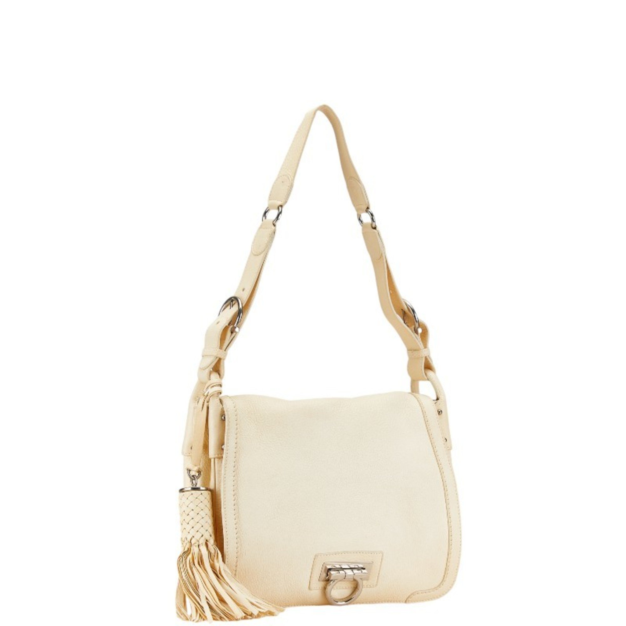 Salvatore Ferragamo Gancini Bag Handbag Ivory White Leather Women's