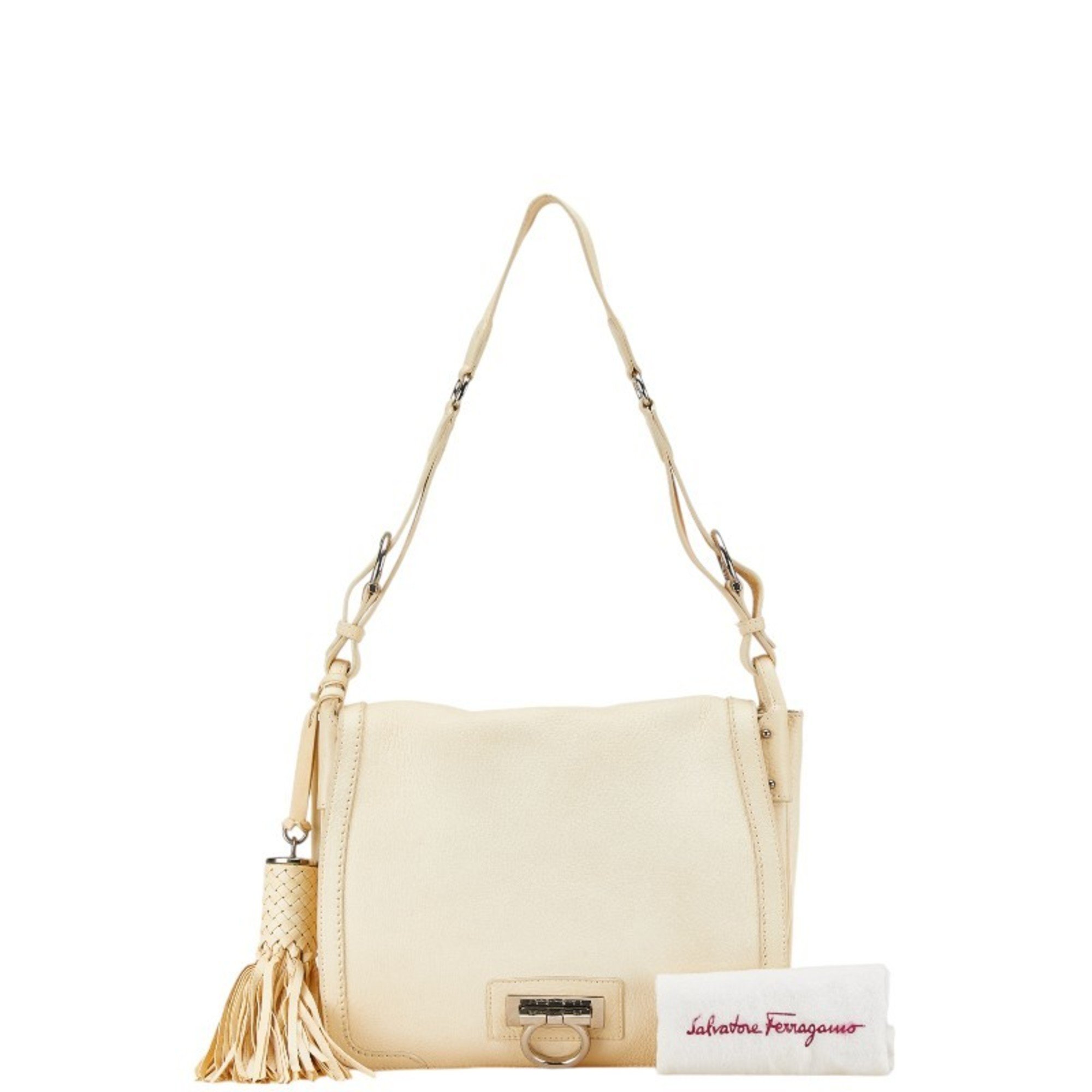 Salvatore Ferragamo Gancini Bag Handbag Ivory White Leather Women's