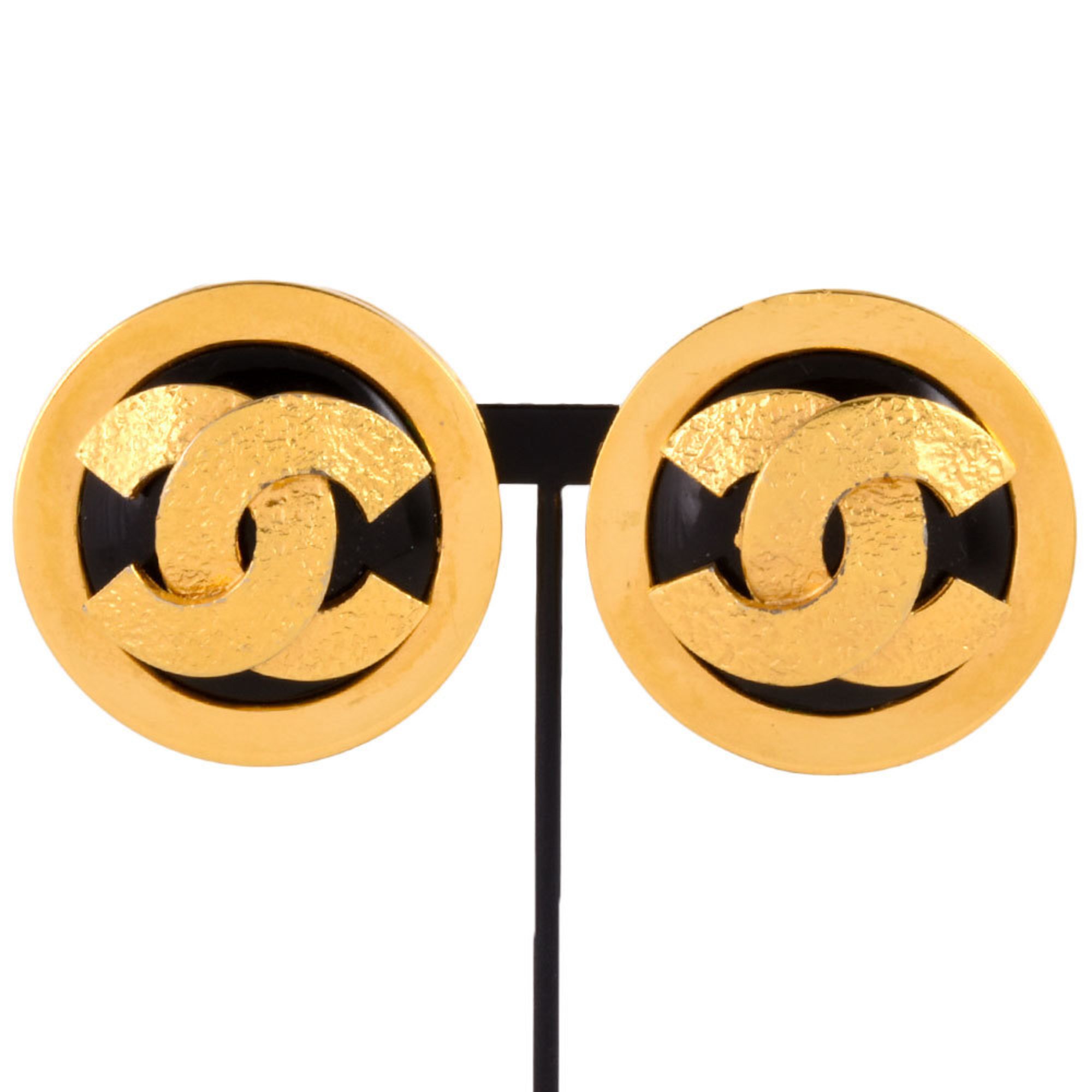 CHANEL Coco Mark Round Earrings Diameter approx. 35mm GP Black Gold Ladies Circle