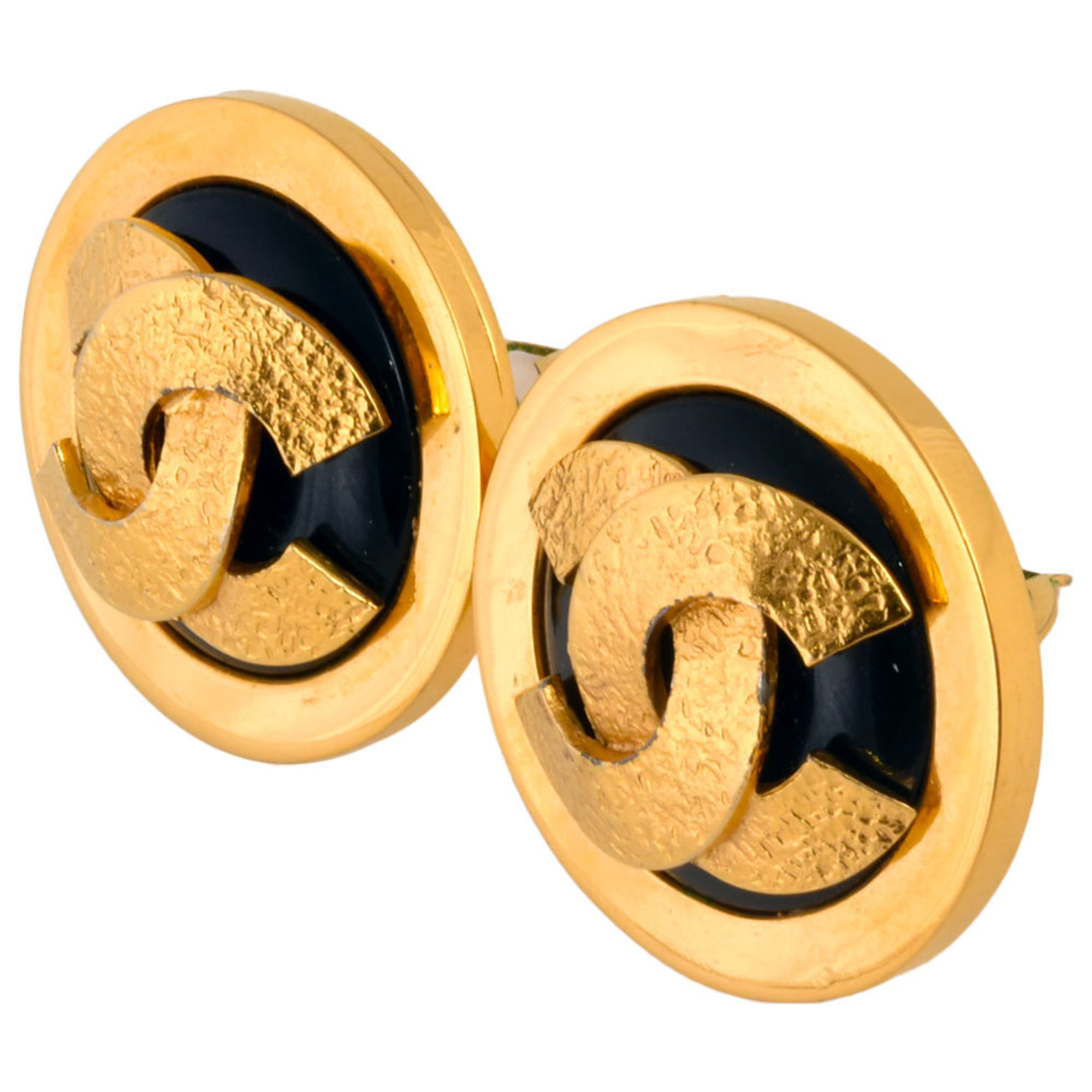 CHANEL Coco Mark Round Earrings Diameter approx. 35mm GP Black Gold Ladies Circle