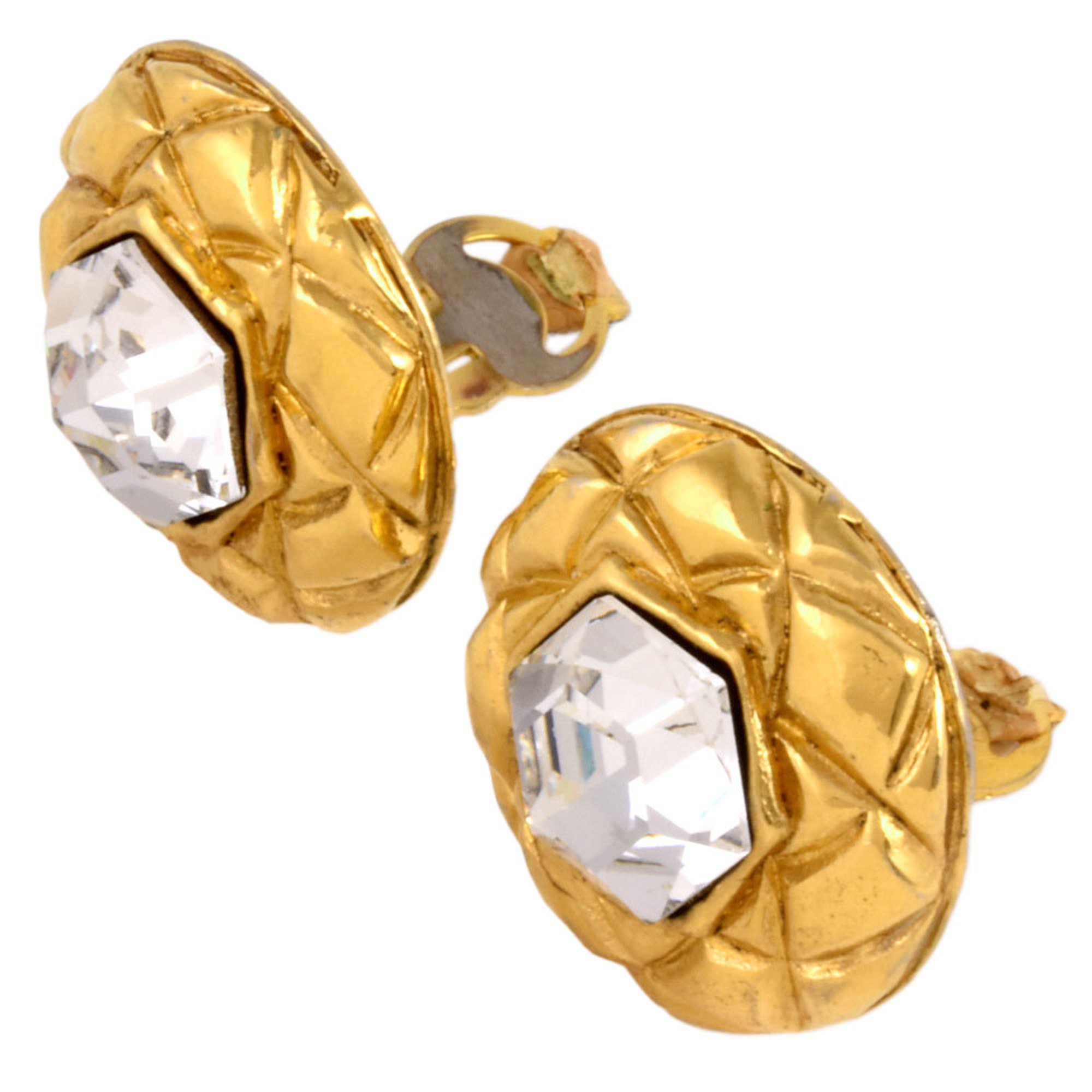 CHANEL Rhinestone Round Earrings GP Clear Stone Ladies Circle