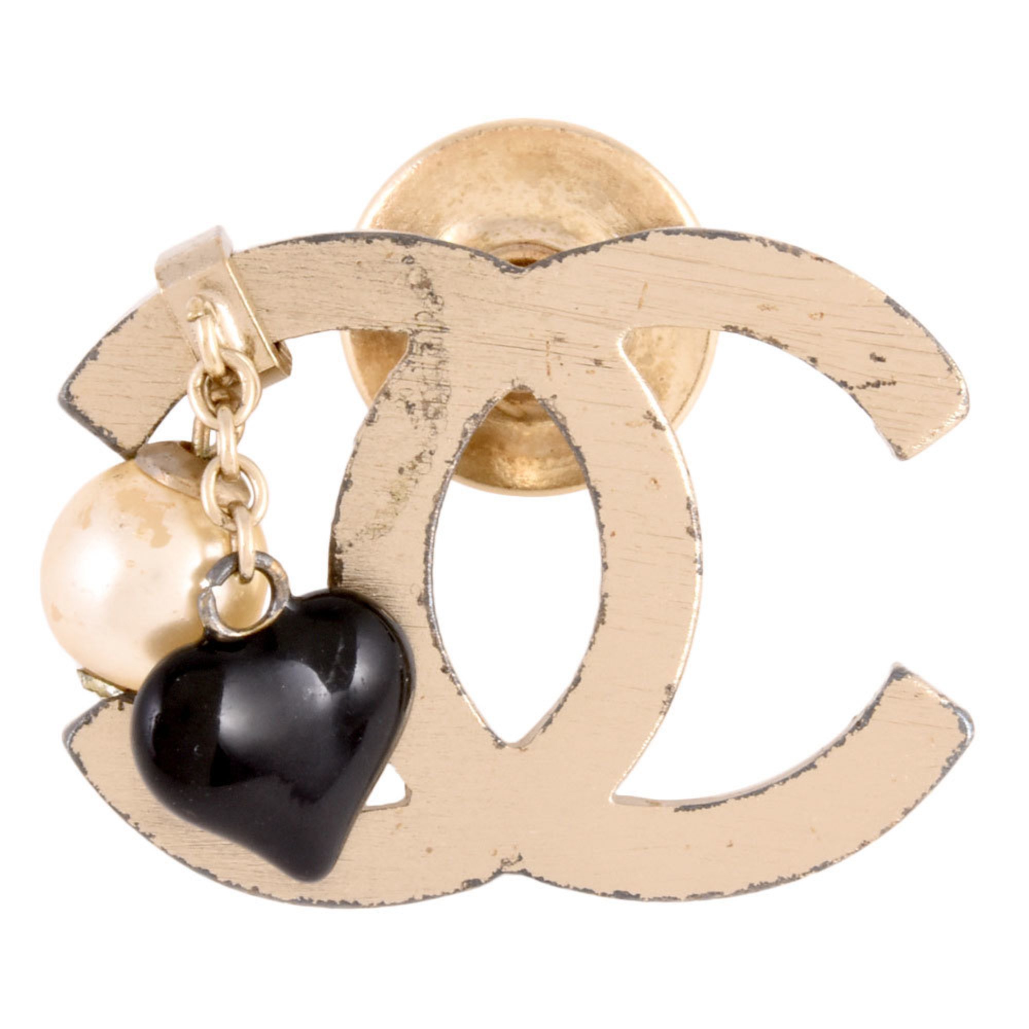 CHANEL Coco Mark Brooch Silver Metal Fake Pearl Heart 05A