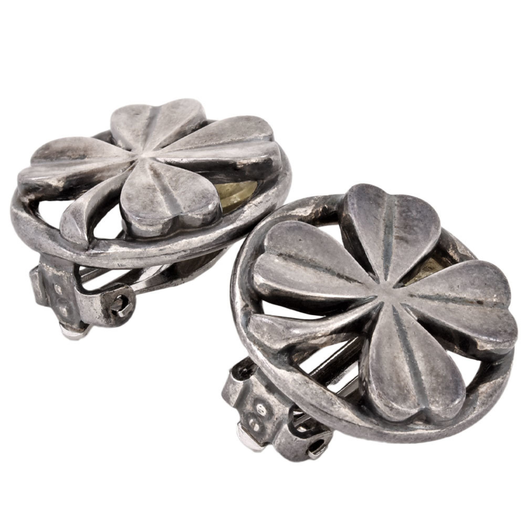 CHANEL Round Clover Earrings Metal 96P Engraved Silver Women's Circle