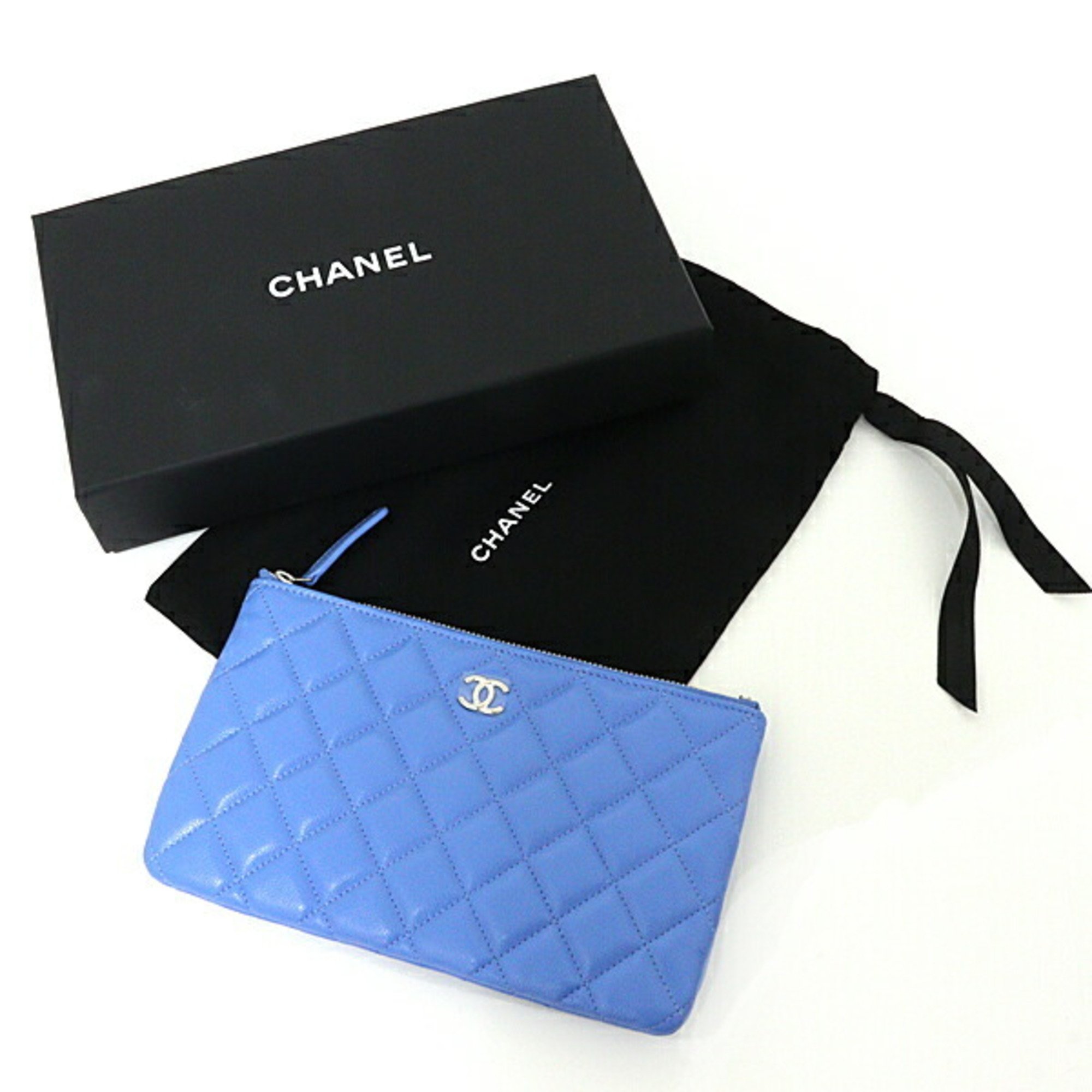 CHANEL Classic Small Zip Pouch Caviar Skin Matelasse AP4101 Light Blue