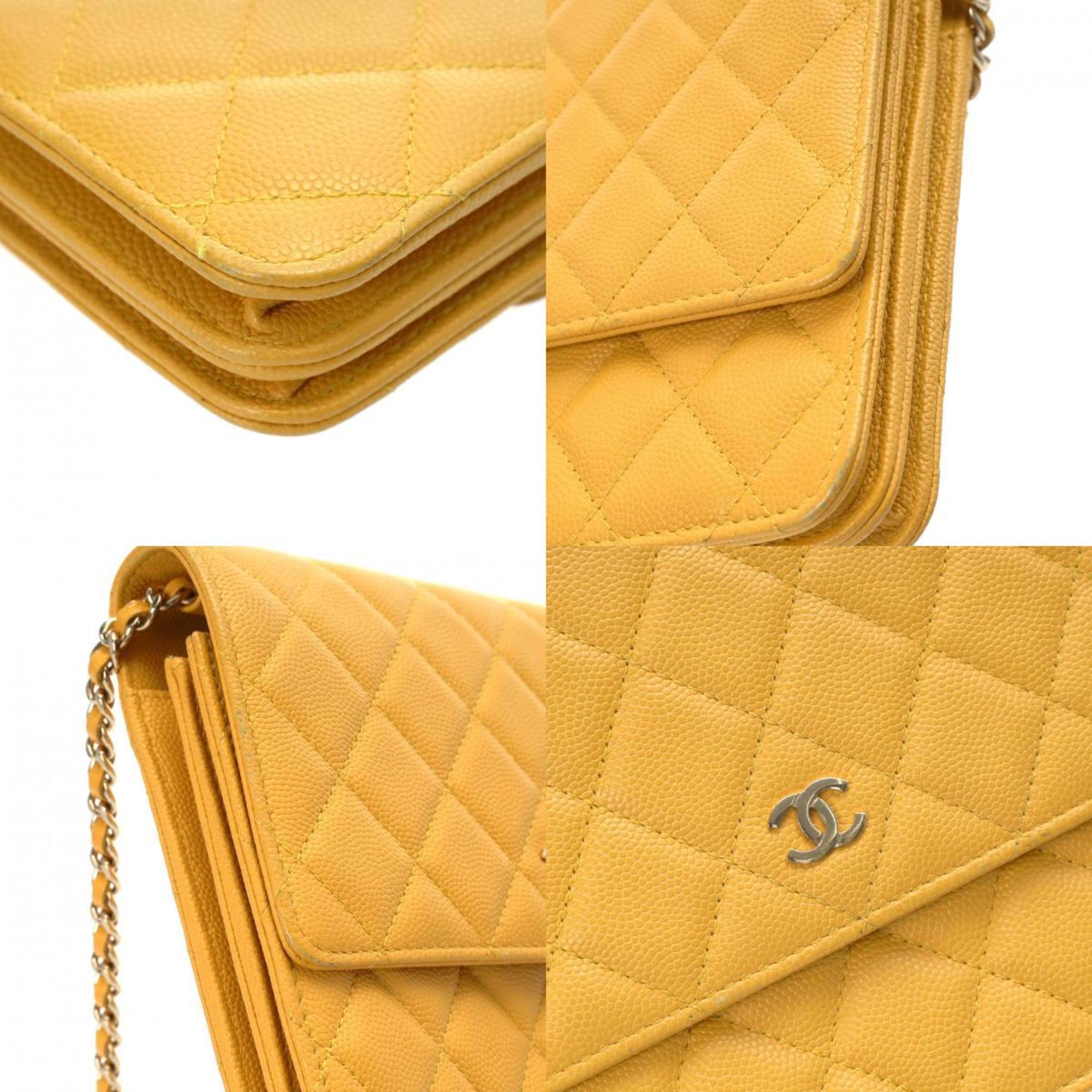 CHANEL Chanel Matelasse Chain Wallet Medium Size Yellow A84310 Women's Caviar Skin Shoulder Bag