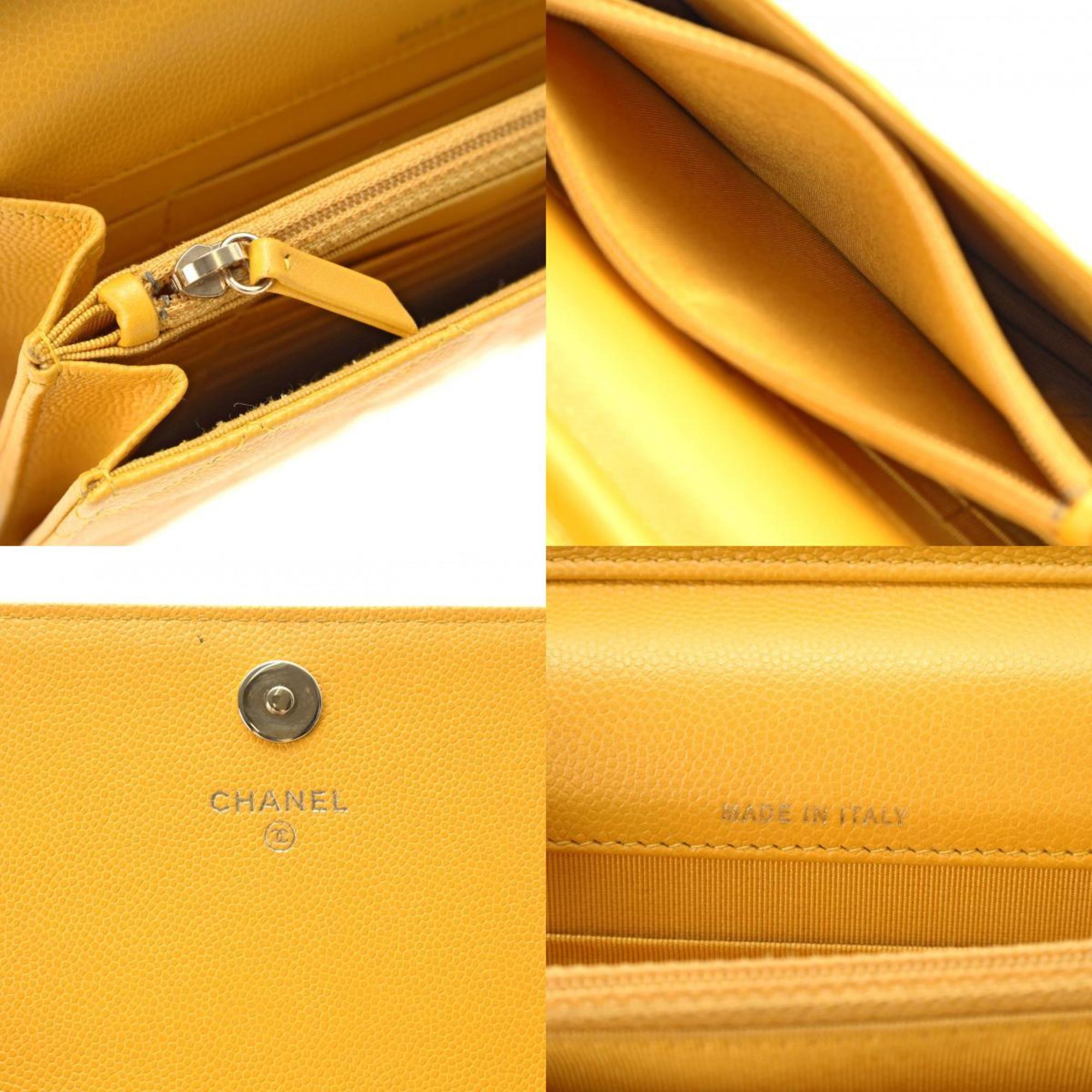 CHANEL Chanel Matelasse Chain Wallet Medium Size Yellow A84310 Women's Caviar Skin Shoulder Bag