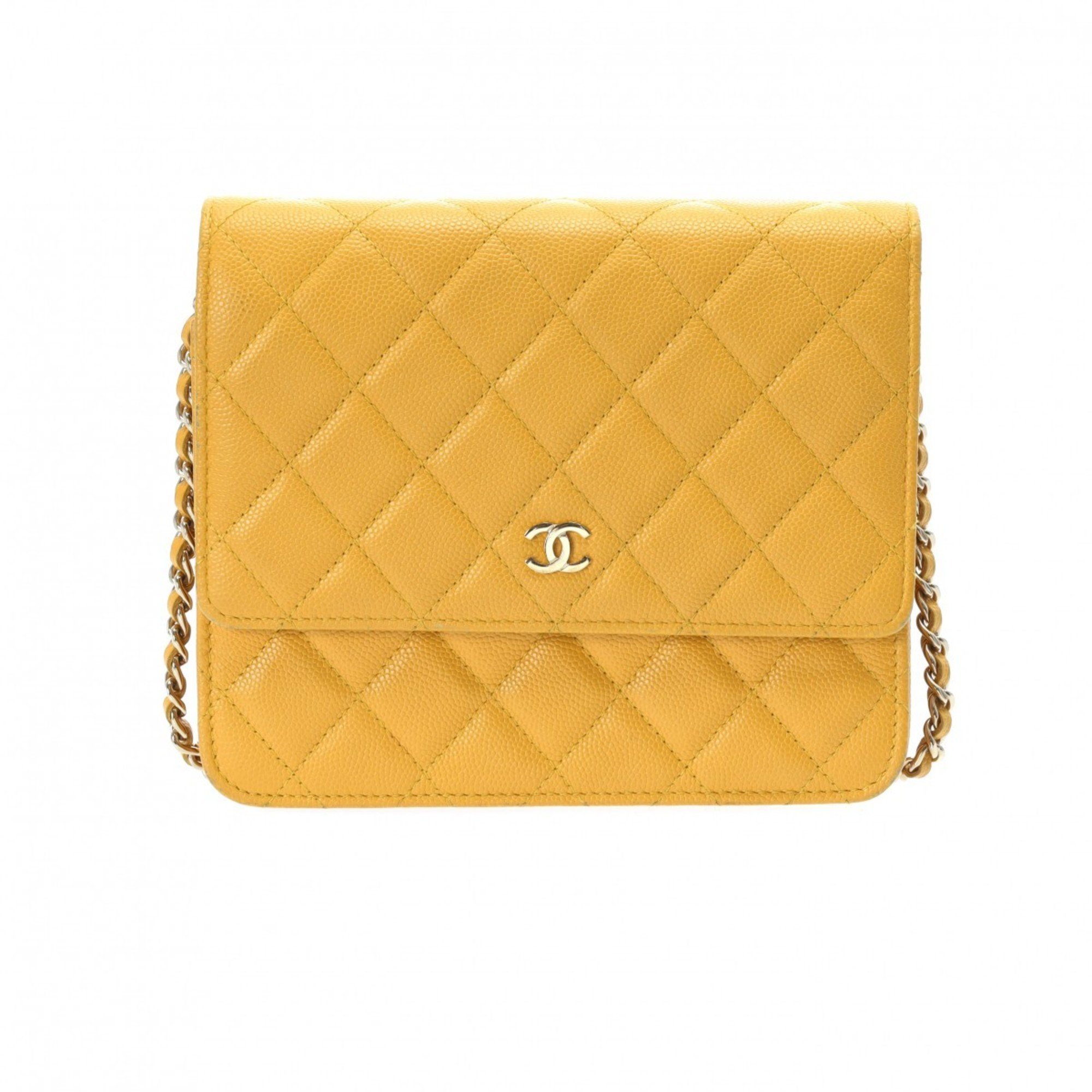 CHANEL Chanel Matelasse Chain Wallet Medium Size Yellow A84310 Women's Caviar Skin Shoulder Bag