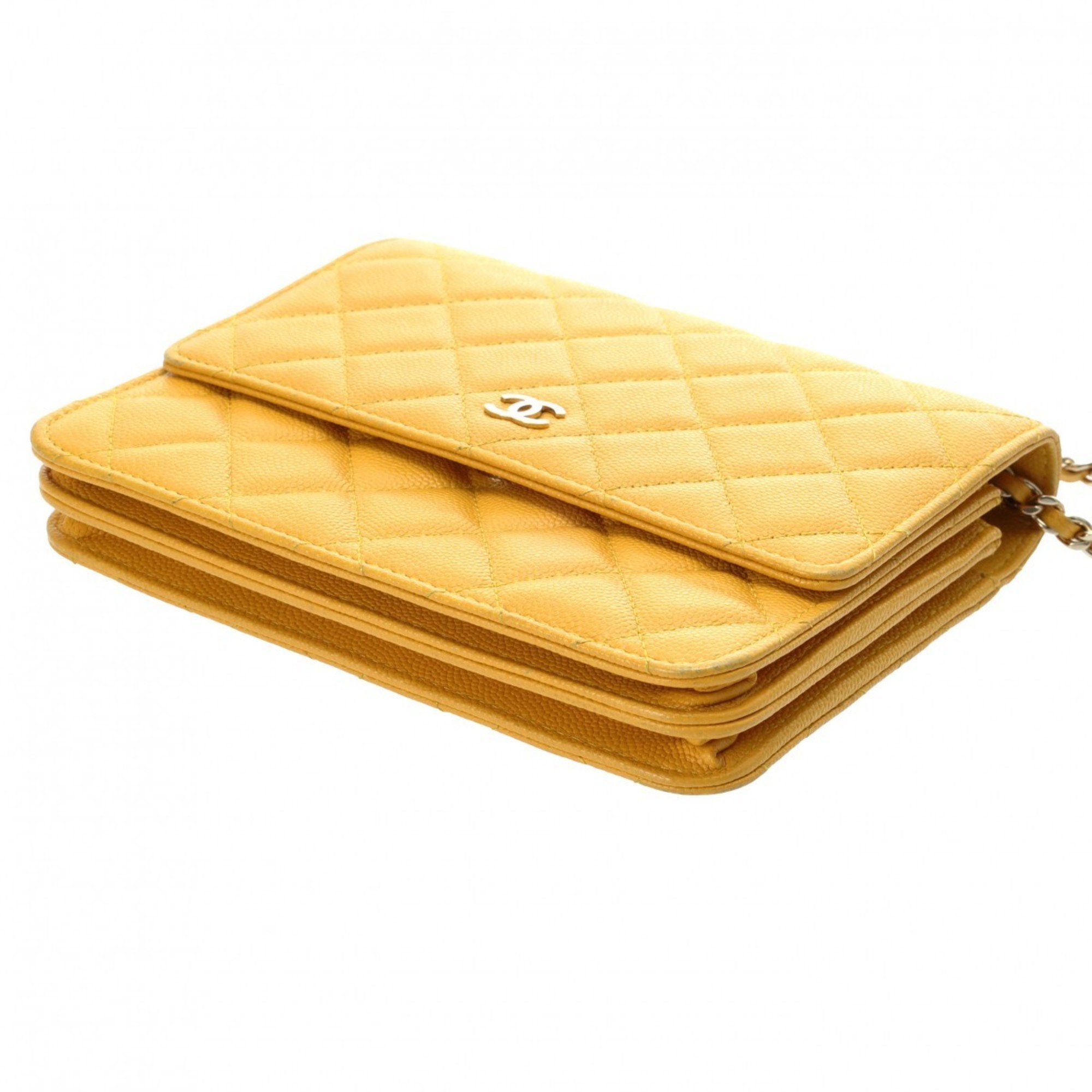 CHANEL Chanel Matelasse Chain Wallet Medium Size Yellow A84310 Women's Caviar Skin Shoulder Bag