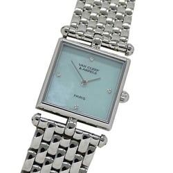 Van Cleef & Arpels Ladies' Watch Classic 4P Diamond Blue Shell Quartz Stainless Steel SS 552642 Square Polished