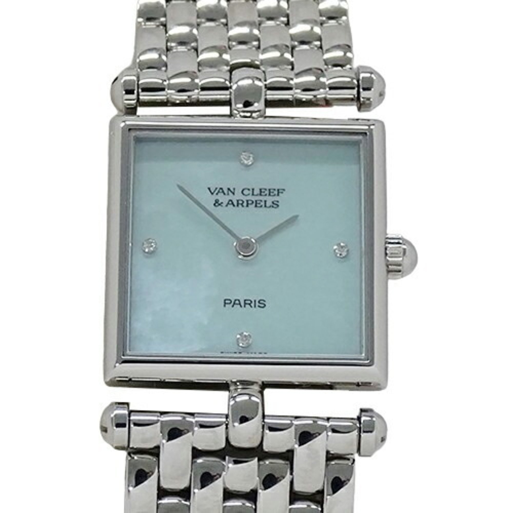 Van Cleef & Arpels Ladies' Watch Classic 4P Diamond Blue Shell Quartz Stainless Steel SS 552642 Square Polished