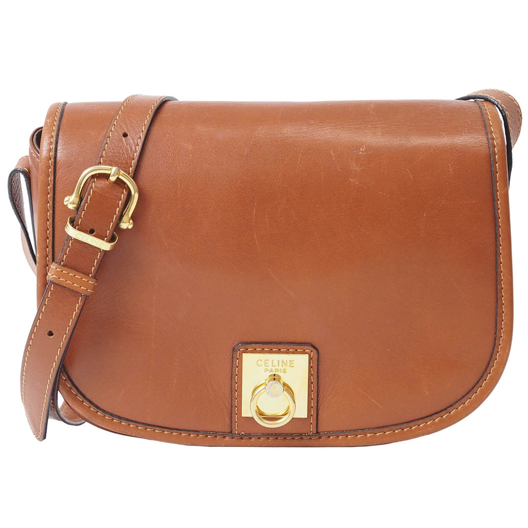 Celine Old Leather Flap Shoulder Bag Brown Women's Crossbody CELINE