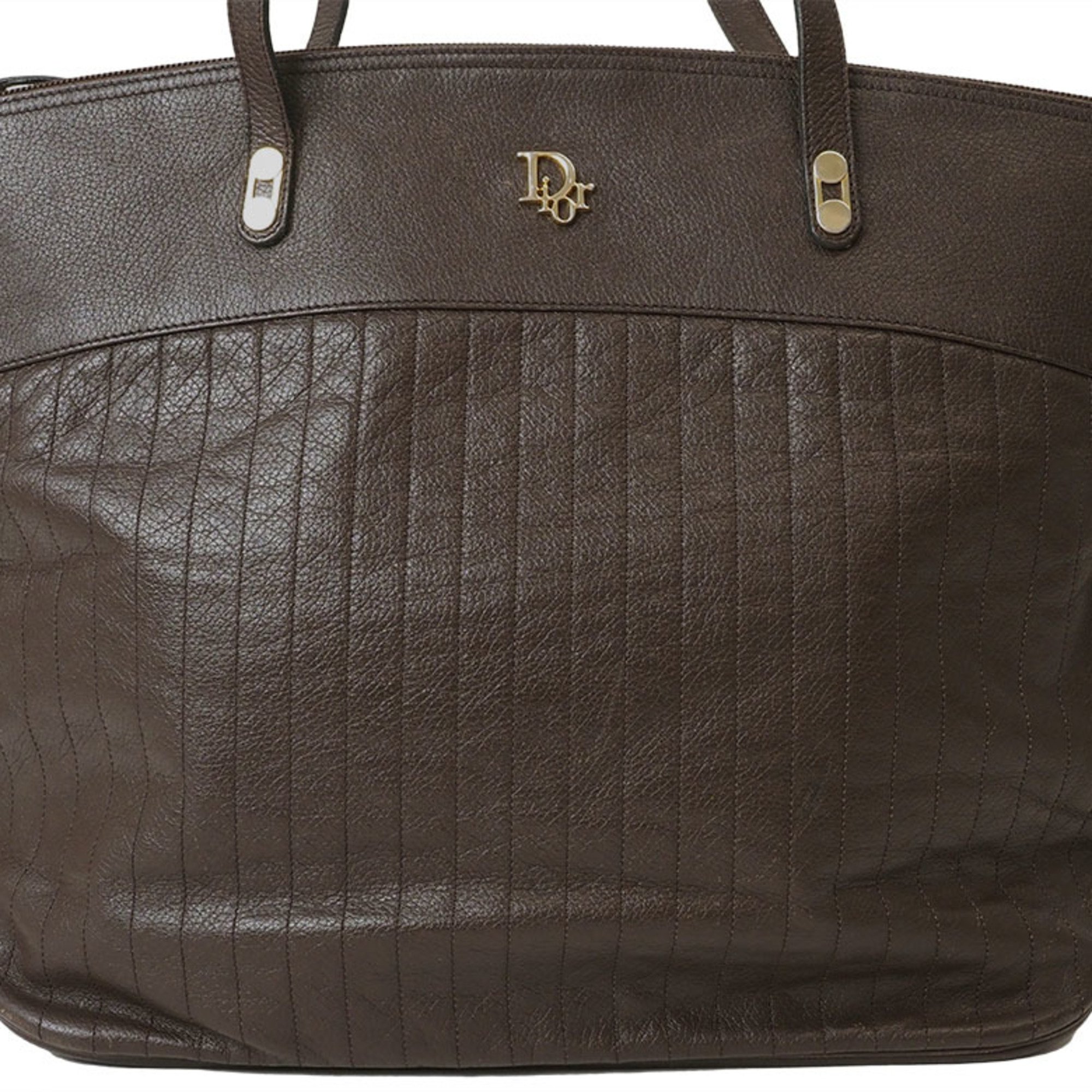 Christian Dior Leather Tote Bag Brown Women's Old Vertical Stitch