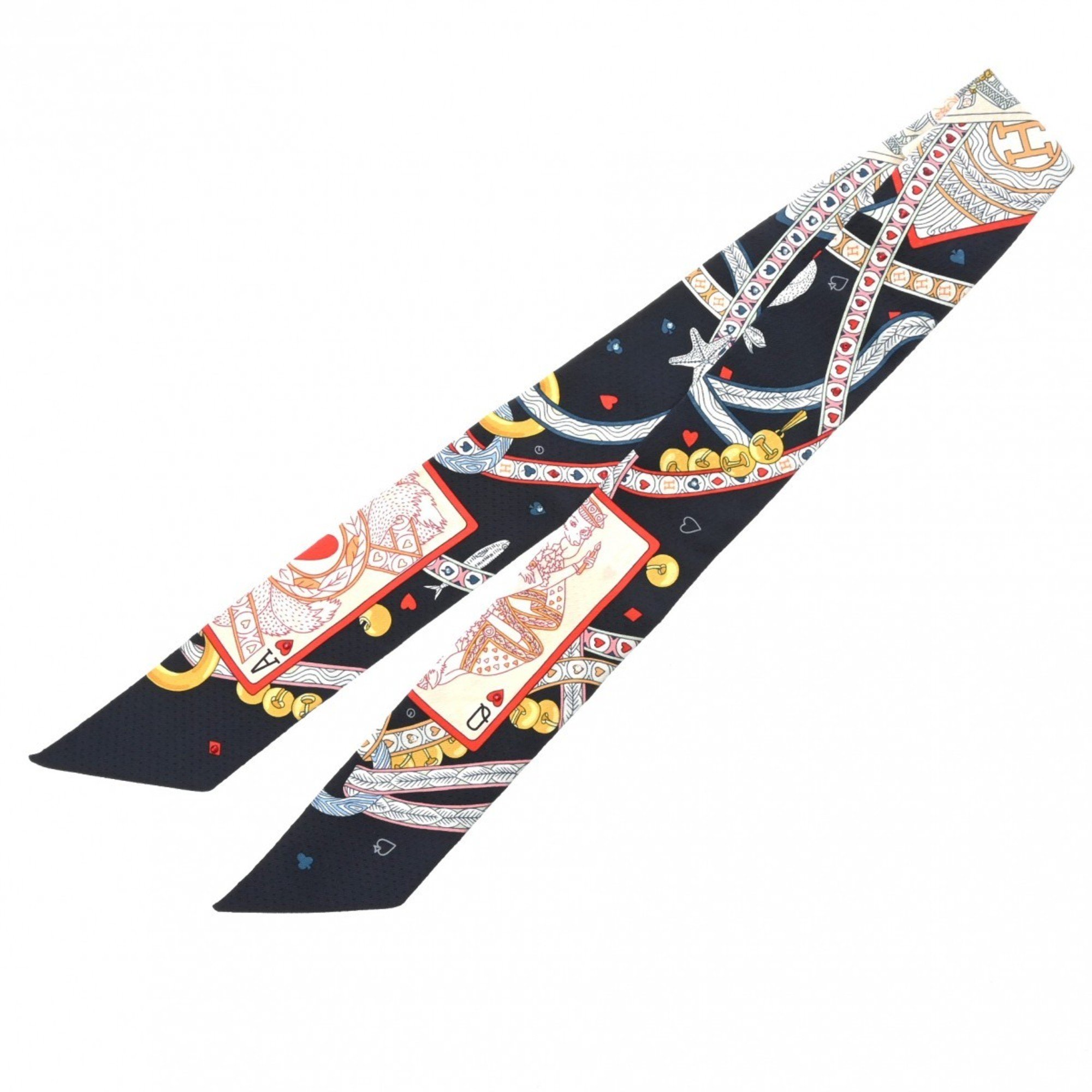 HERMES Twilly DAME DE COUER Noir/Rouge 063959S Women's 100% Silk Rhinestone Scarf Muffler