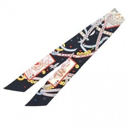 HERMES Twilly DAME DE COUER Noir/Rouge 063959S Women's 100% Silk Rhinestone Scarf Muffler