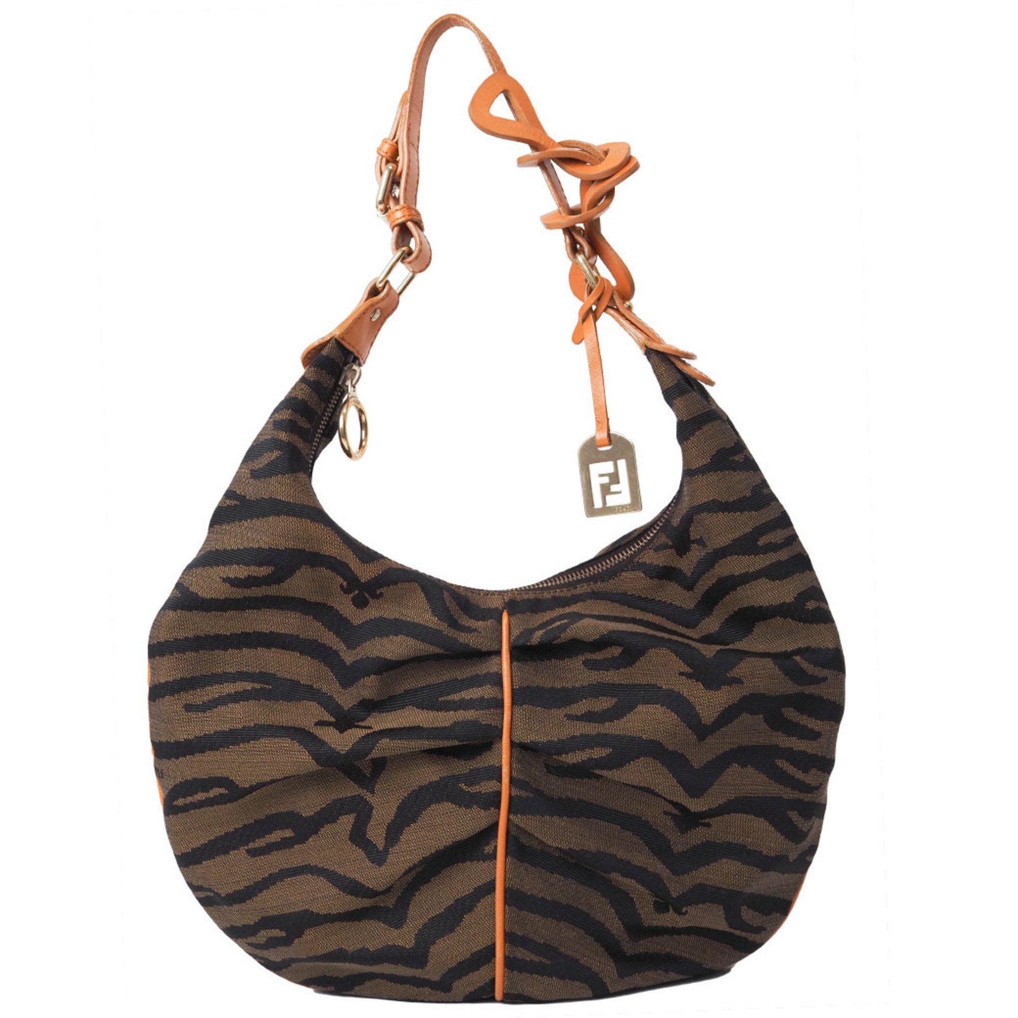 FENDI Zebra Print Canvas Hobo Bag Brown 8BR390 Women's Shoulder