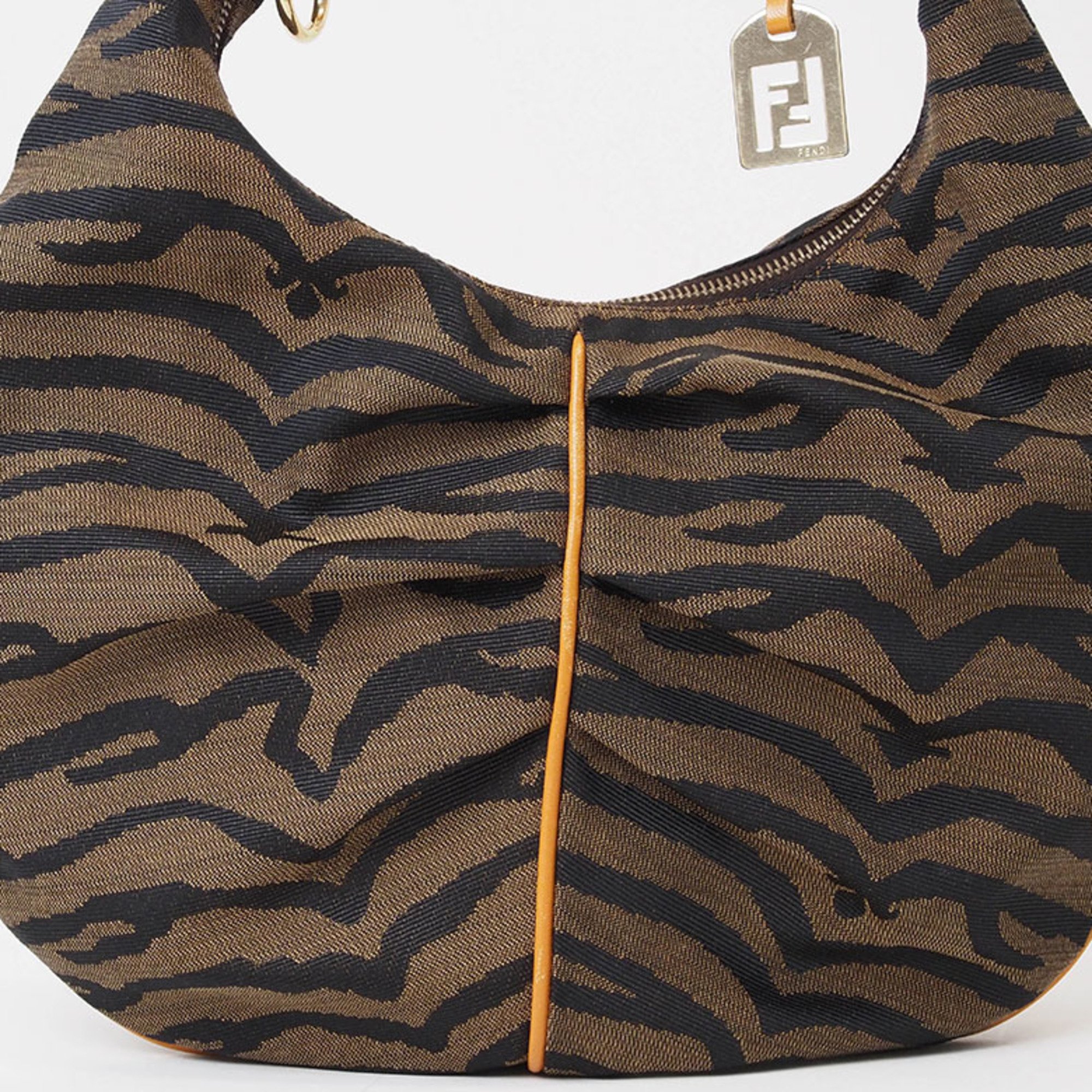 FENDI Zebra Print Canvas Hobo Bag Brown 8BR390 Women's Shoulder