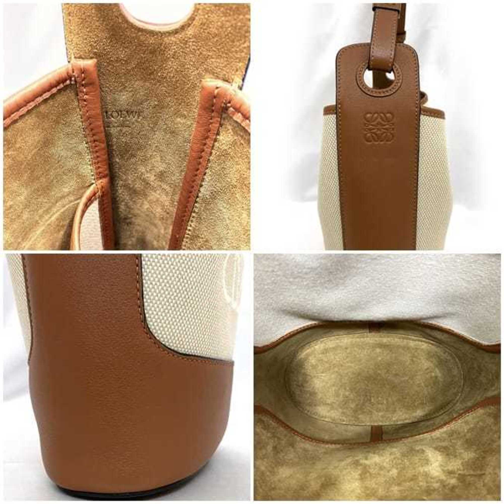 LOEWE Shoulder Bag f-21320 Brown Beige Anagram A710W86X01 Bucket Hobo Canvas Leather 062115 Embroidered Freestanding Women's