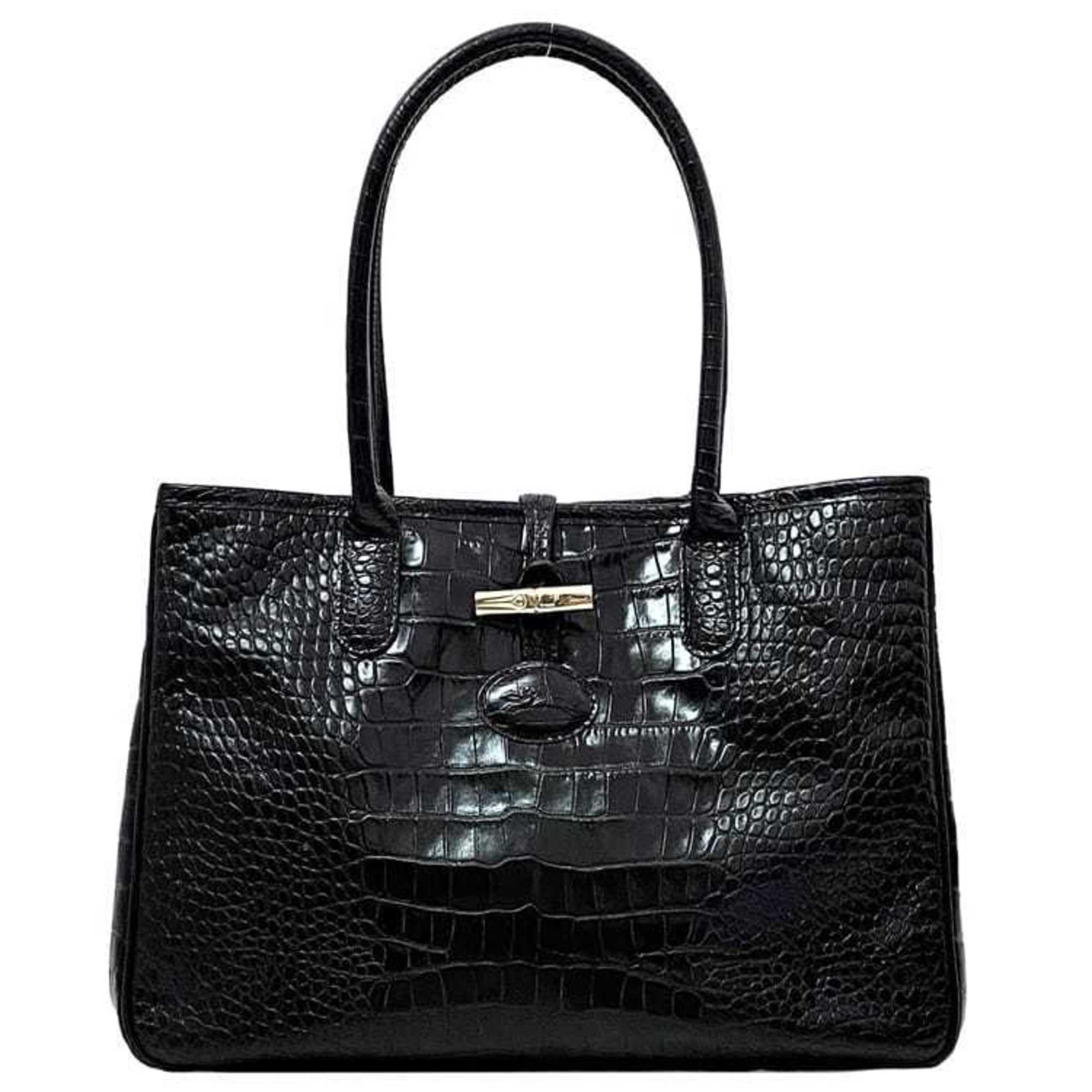 Longchamp Tote Bag ec-21220 Black Leather LONGCHAMP Freestanding Embossed Women's Retro