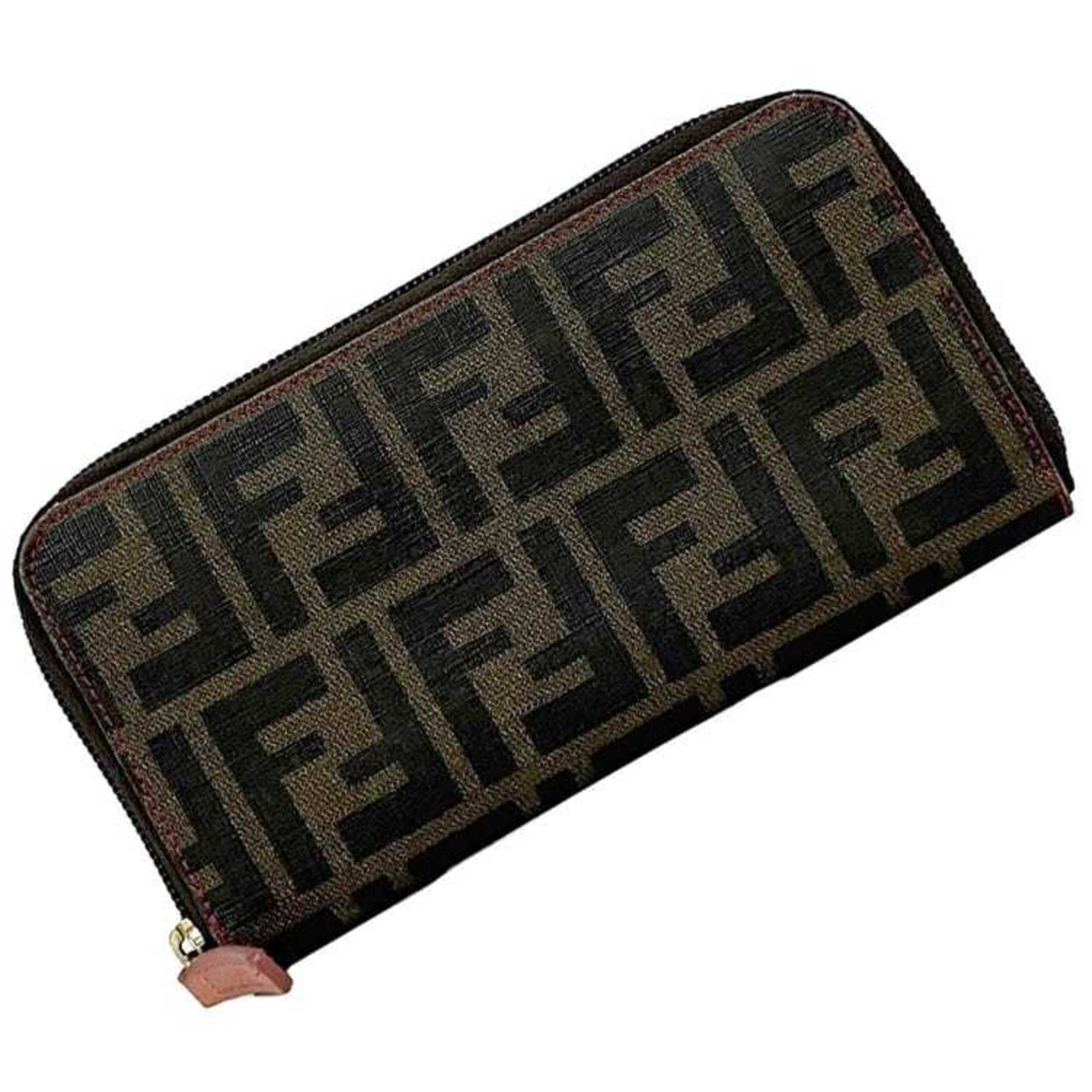 Fendi Round Long Wallet ec-21174 Khaki Green Pink Zucca 8M0024 PVC Leather FENDI FF Women's Pattern