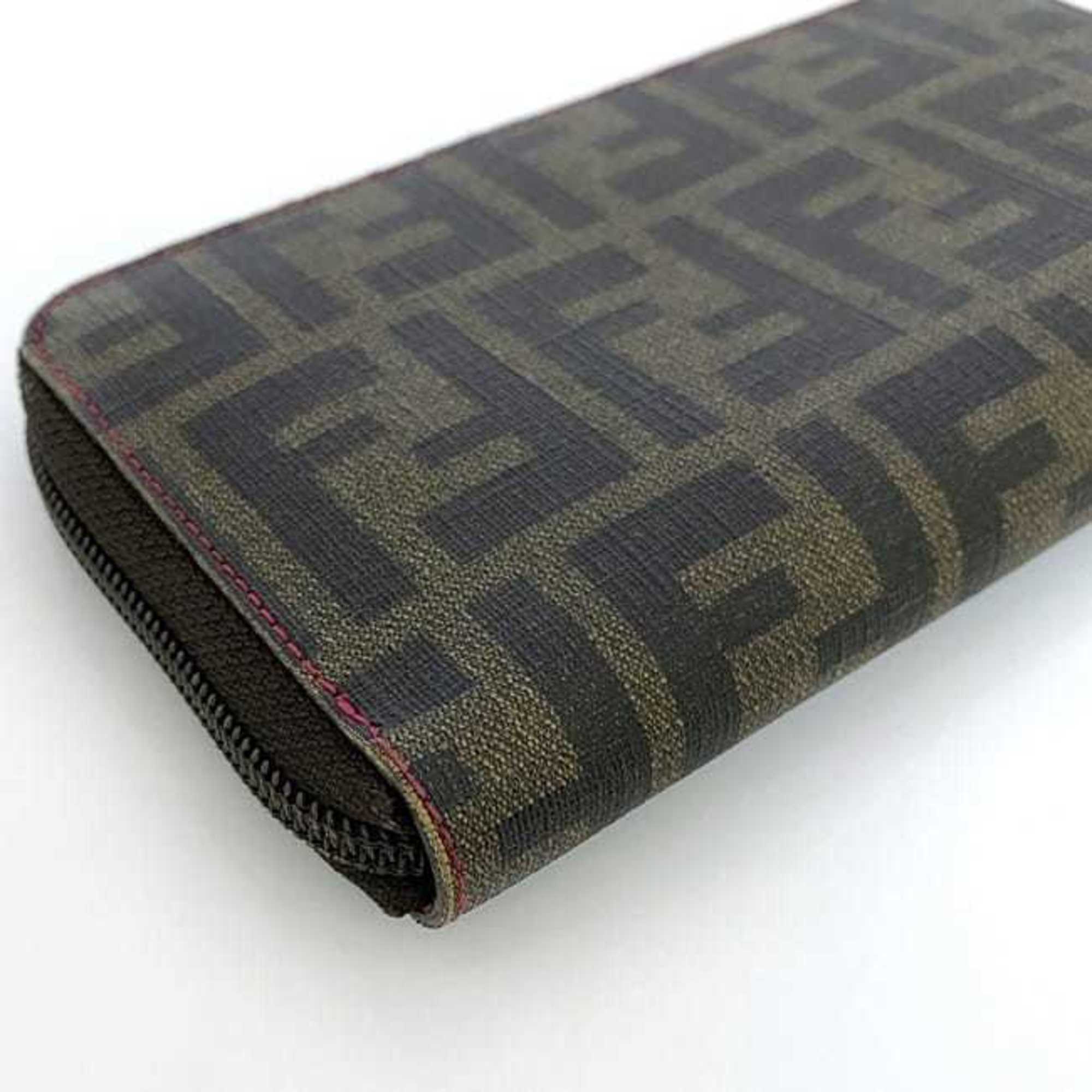 Fendi Round Long Wallet ec-21174 Khaki Green Pink Zucca 8M0024 PVC Leather FENDI FF Women's Pattern