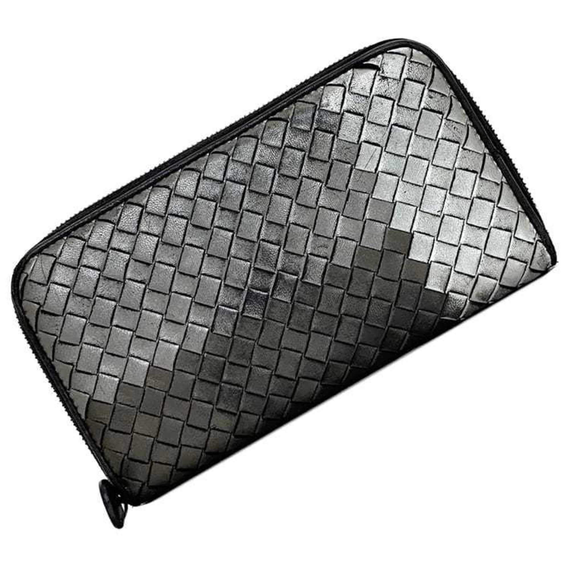 Bottega Veneta Round Long Wallet ec-21206 Silver Gray Black Intrecciato Leather BOTTEGA VENETA Women's