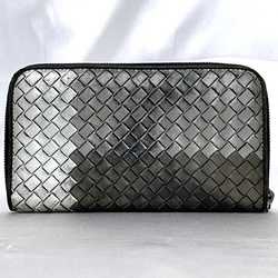 Bottega Veneta Round Long Wallet ec-21206 Silver Gray Black Intrecciato Leather BOTTEGA VENETA Women's