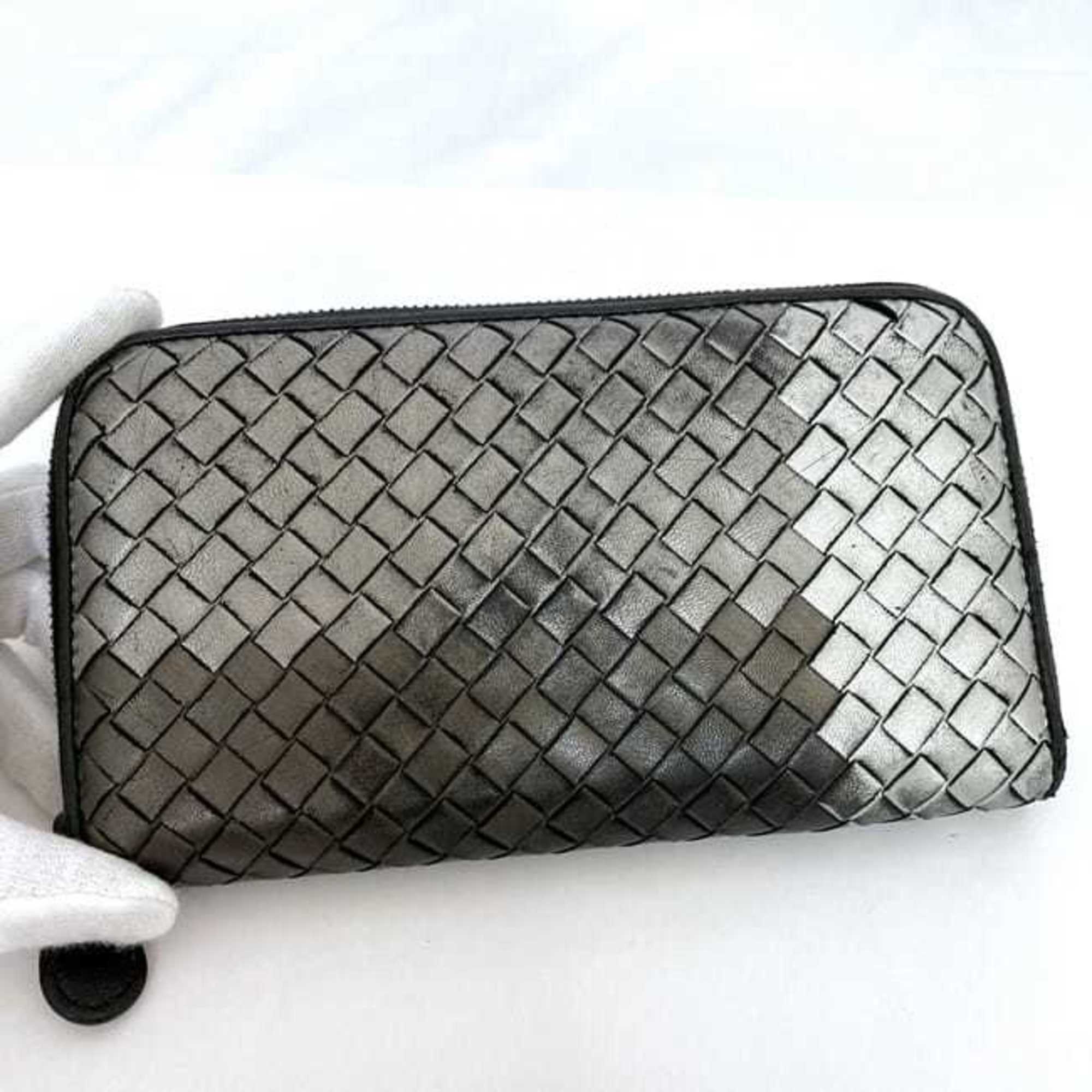 Bottega Veneta Round Long Wallet ec-21206 Silver Gray Black Intrecciato Leather BOTTEGA VENETA Women's